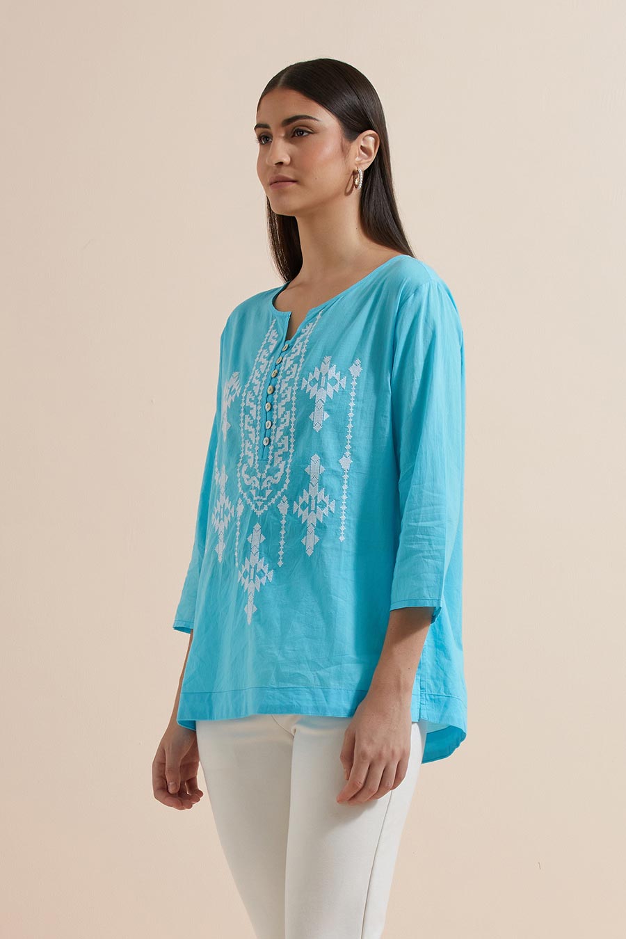 Turquoise Cotton Embroidered Top