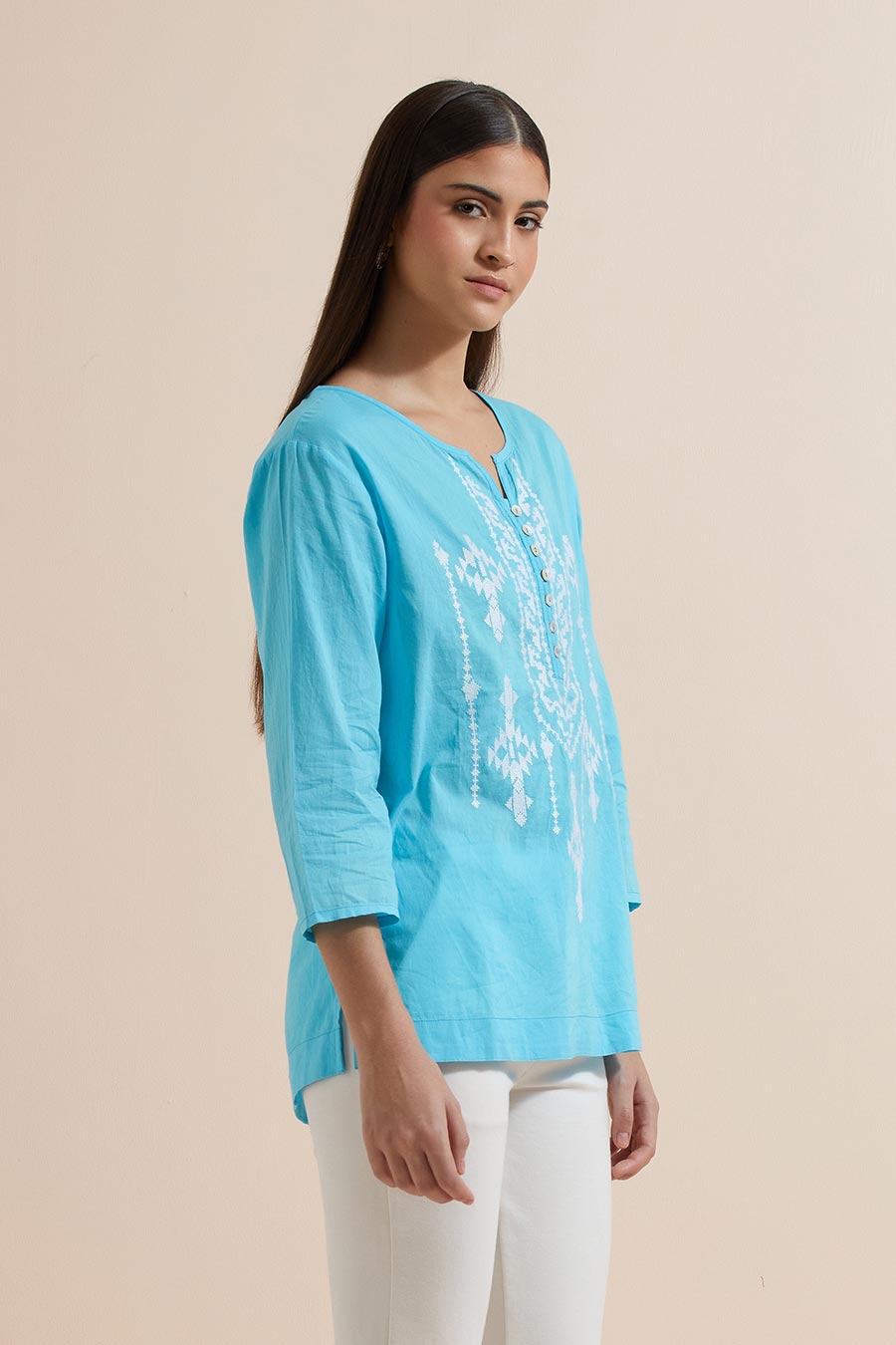 Turquoise Cotton Embroidered Top