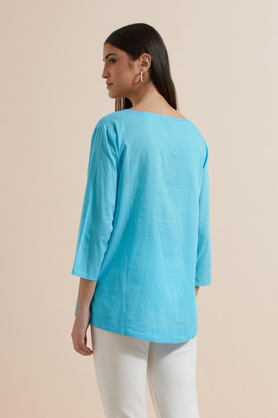 Turquoise Cotton Embroidered Top