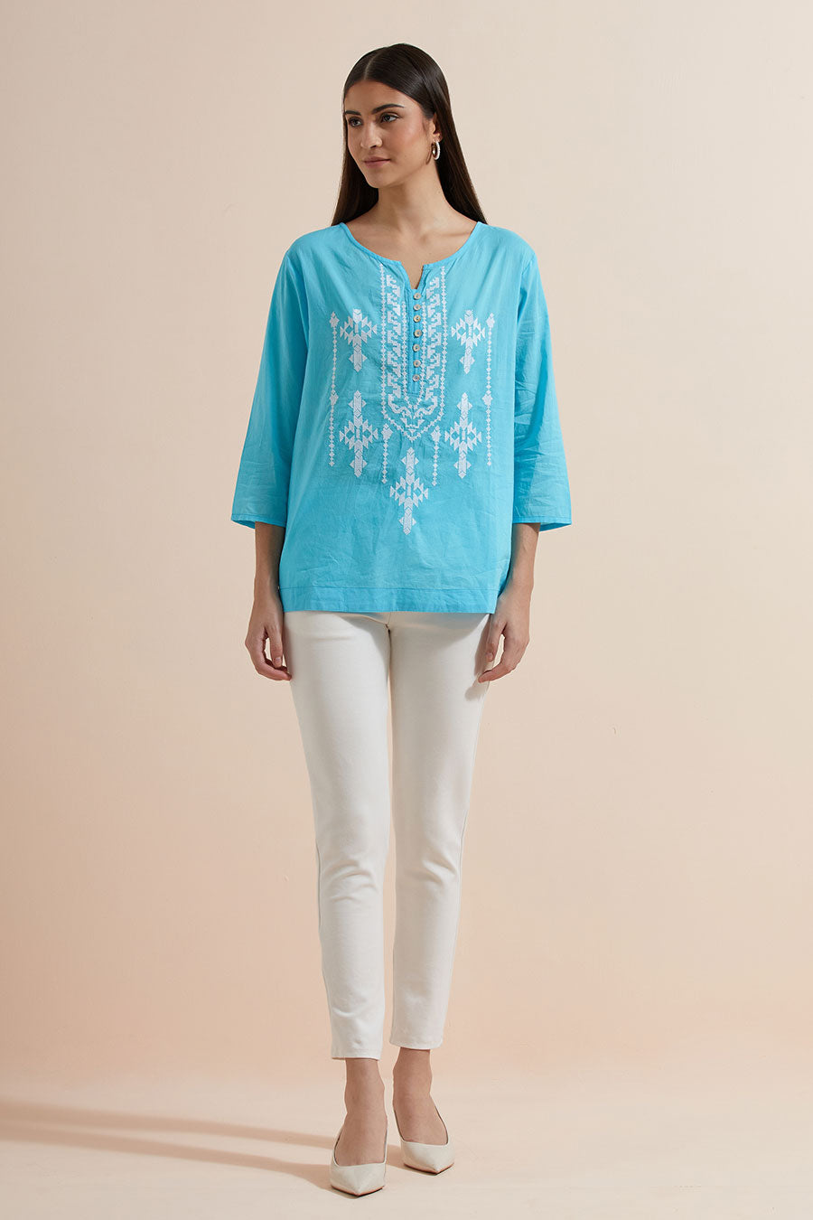Turquoise Cotton Embroidered Top