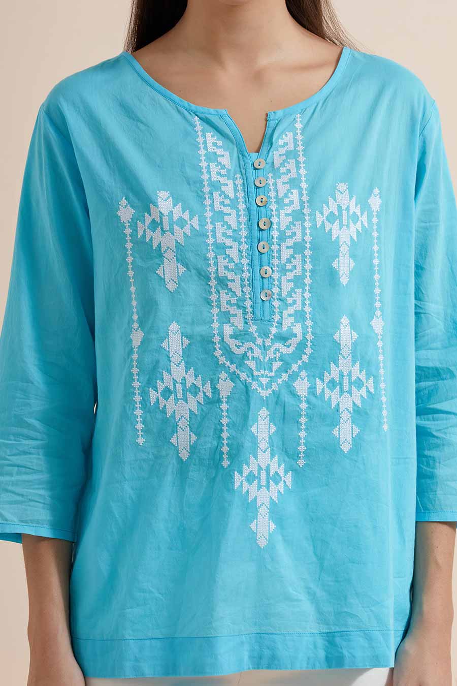 Turquoise Cotton Embroidered Top