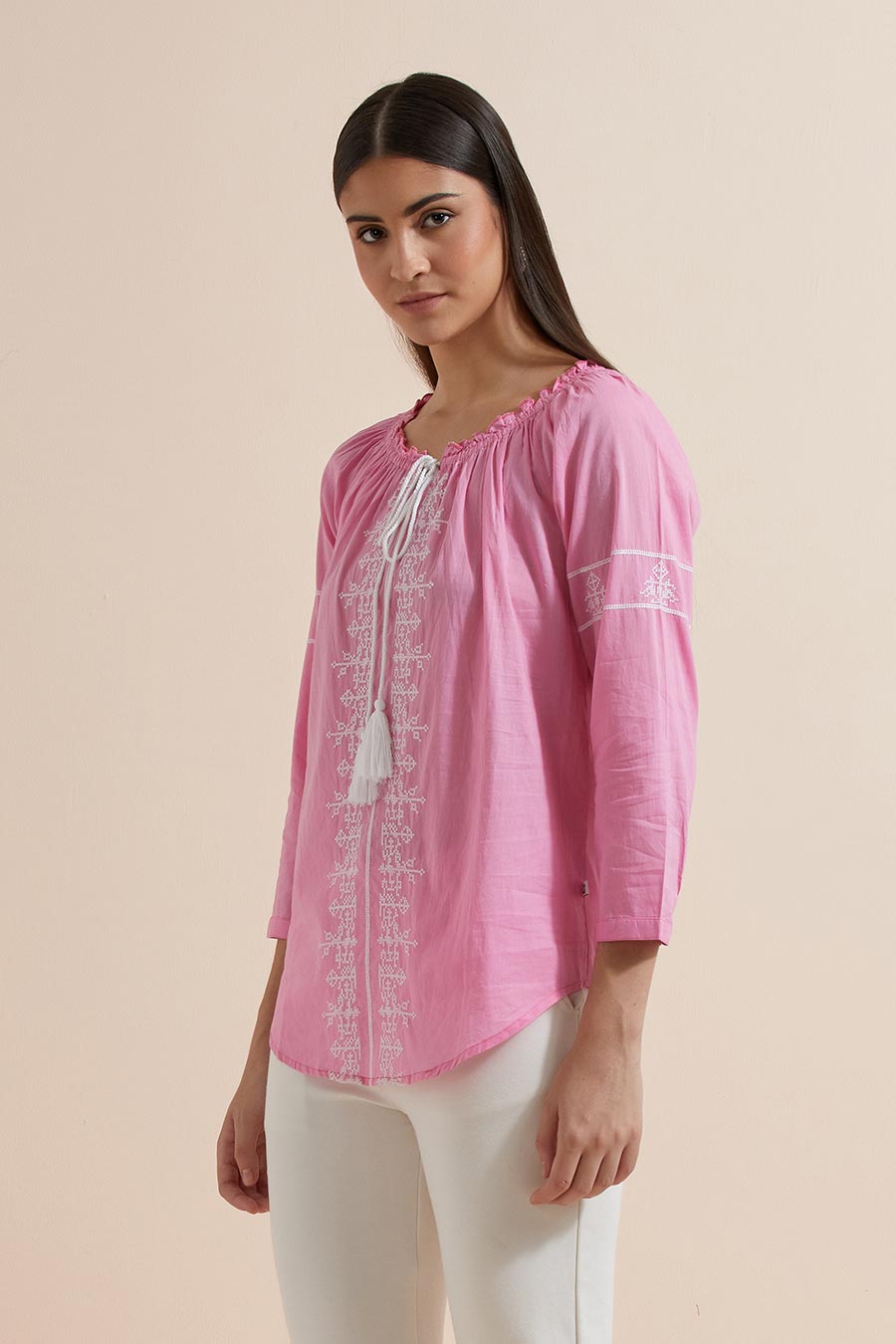 Fuchsia Cotton Embroidered Top