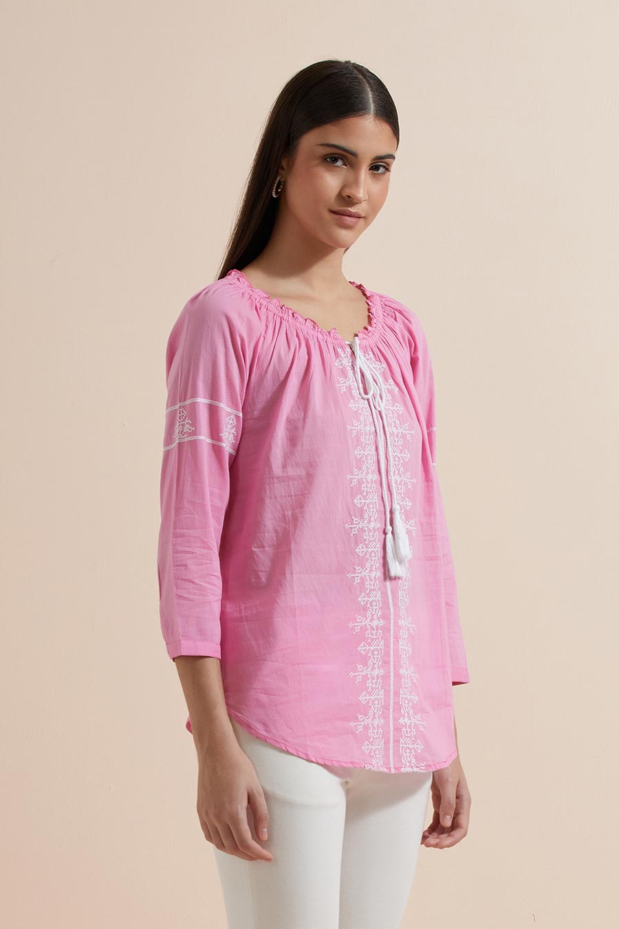 Fuchsia Cotton Embroidered Top