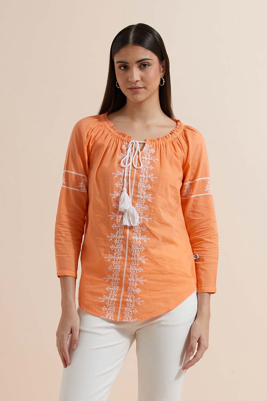 Orange Cotton Embroidered Top