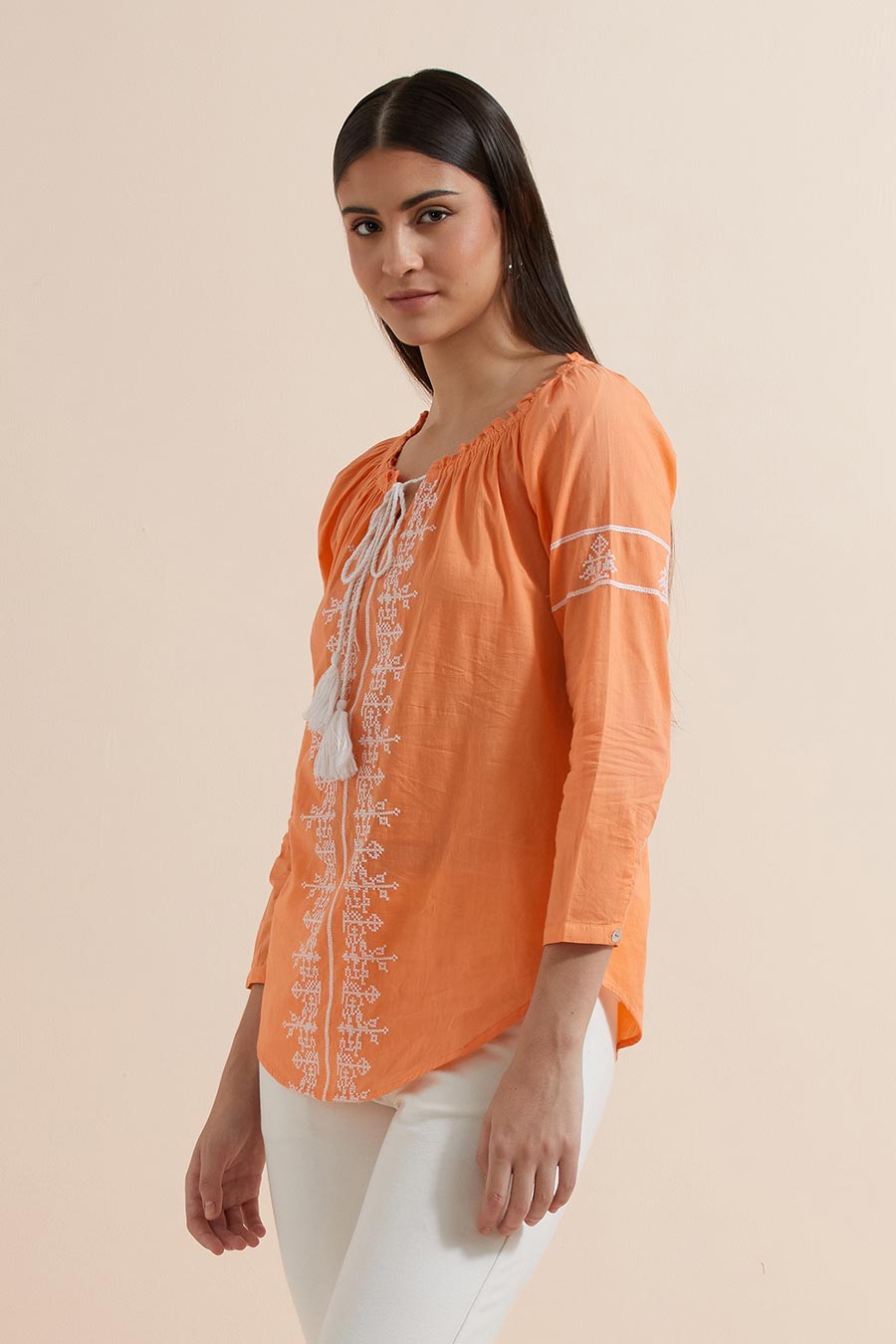 Orange Cotton Embroidered Top