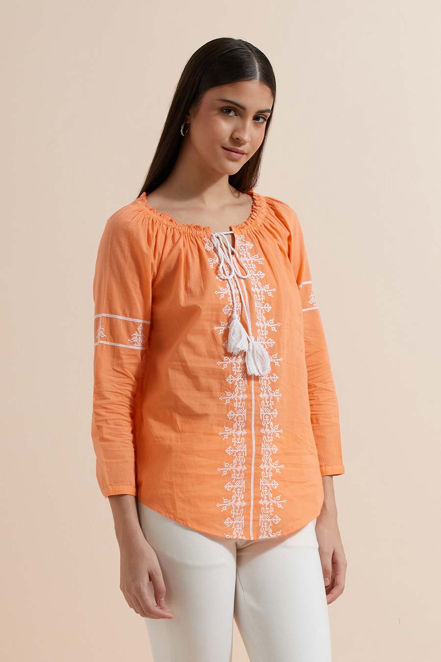 Orange Cotton Embroidered Top