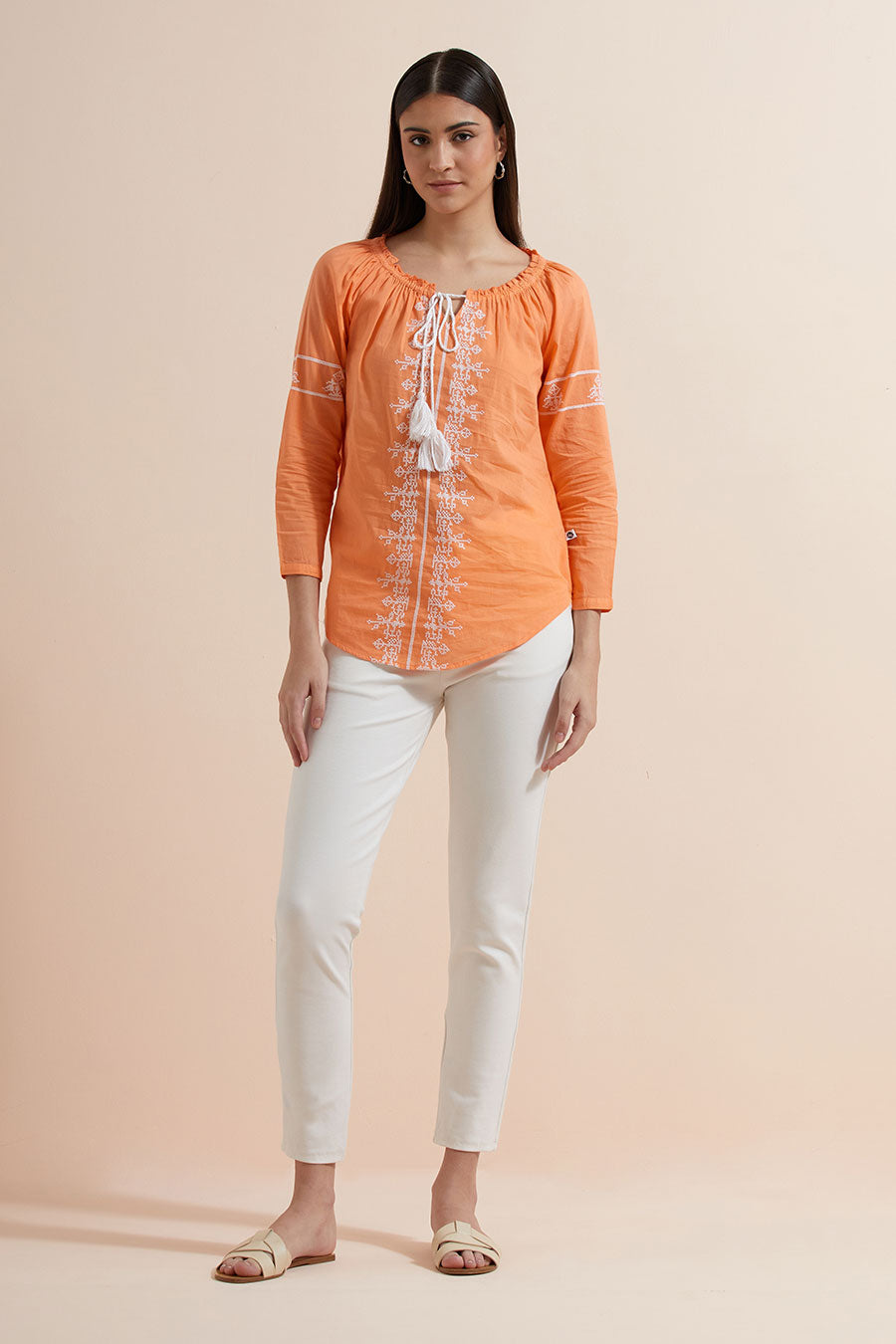 Orange Cotton Embroidered Top