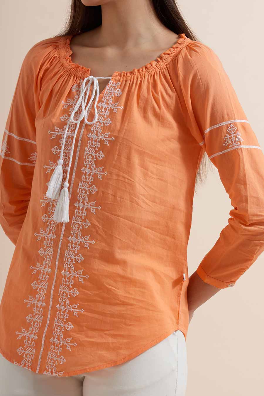 Orange Cotton Embroidered Top