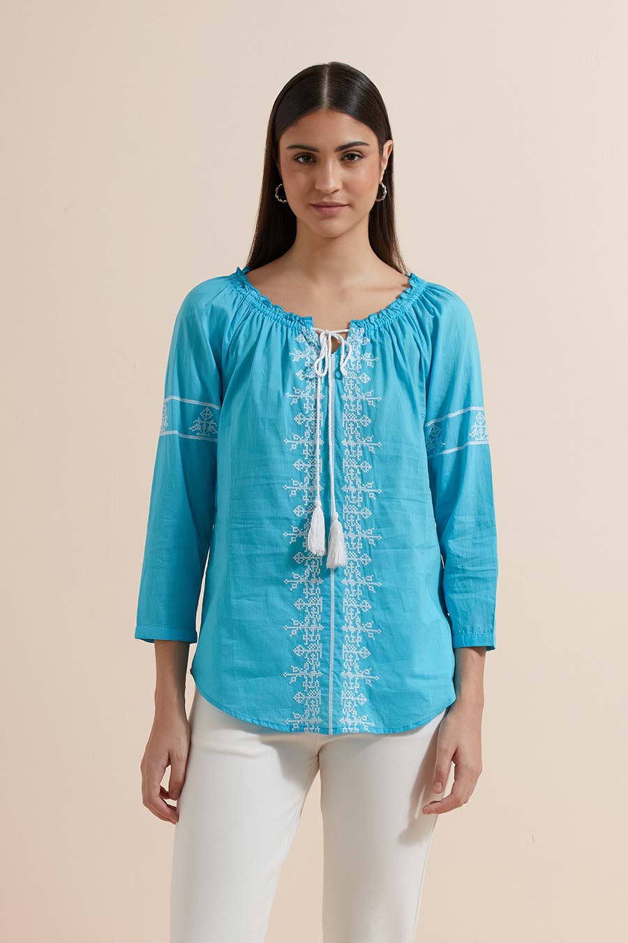 Turquoise Cotton Embroidered Top