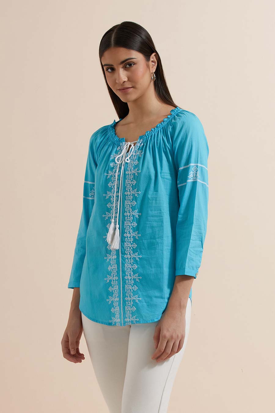 Turquoise Cotton Embroidered Top