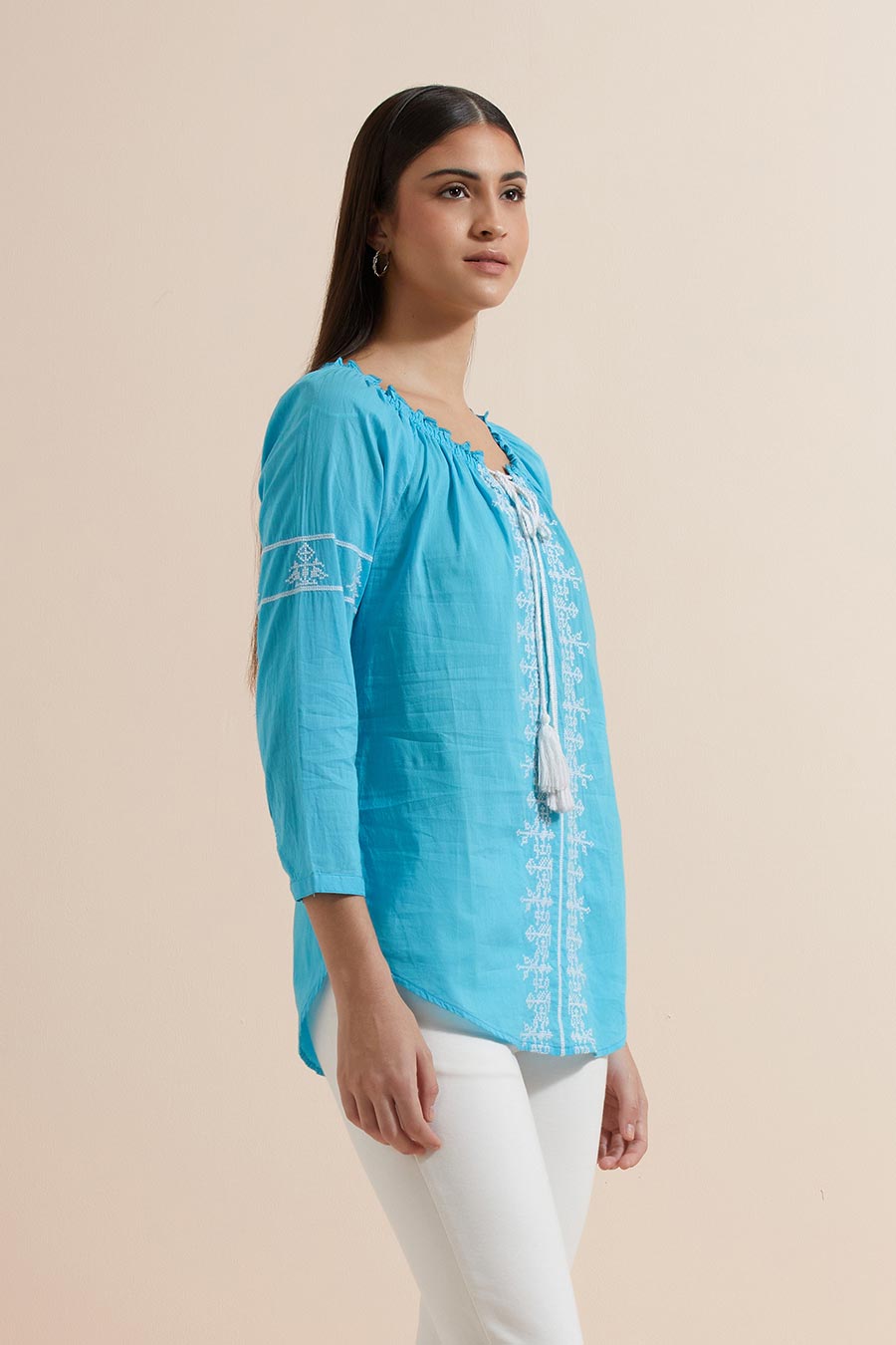 Turquoise Cotton Embroidered Top