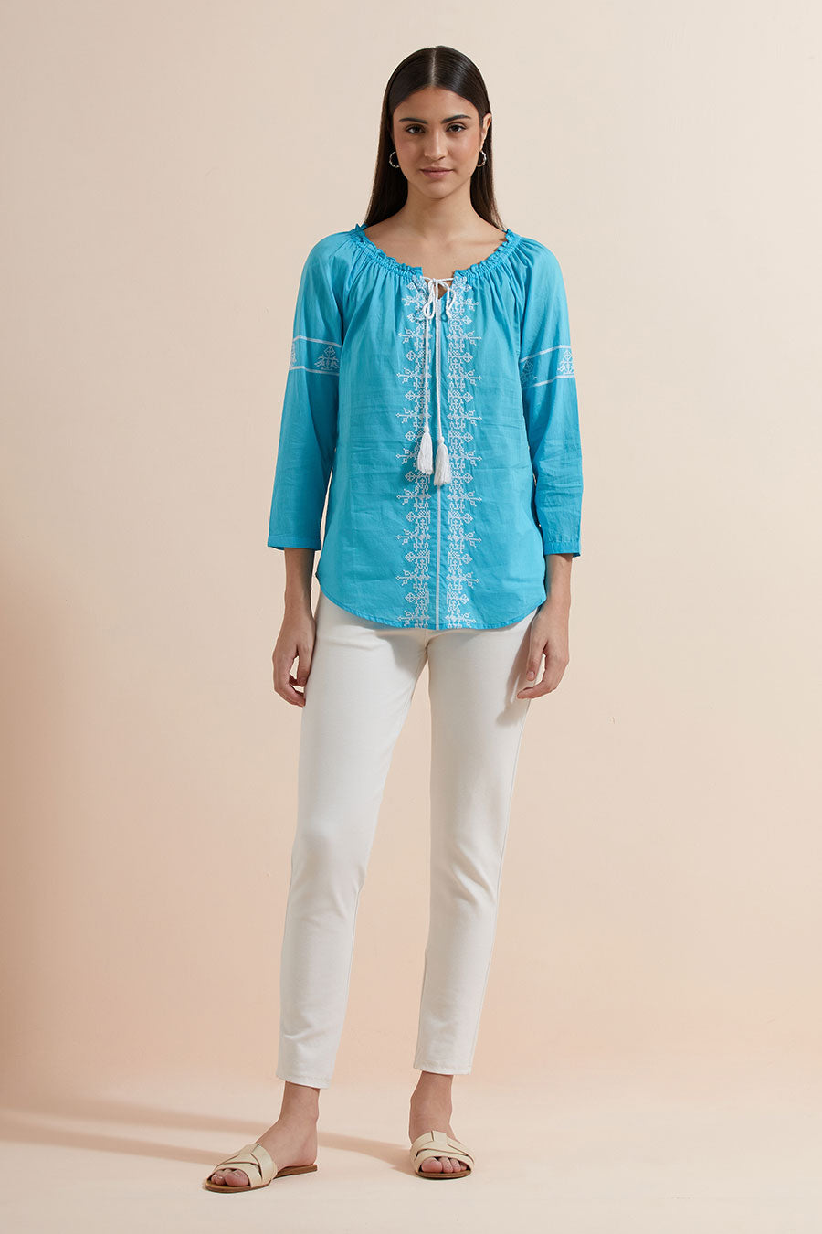 Turquoise Cotton Embroidered Top