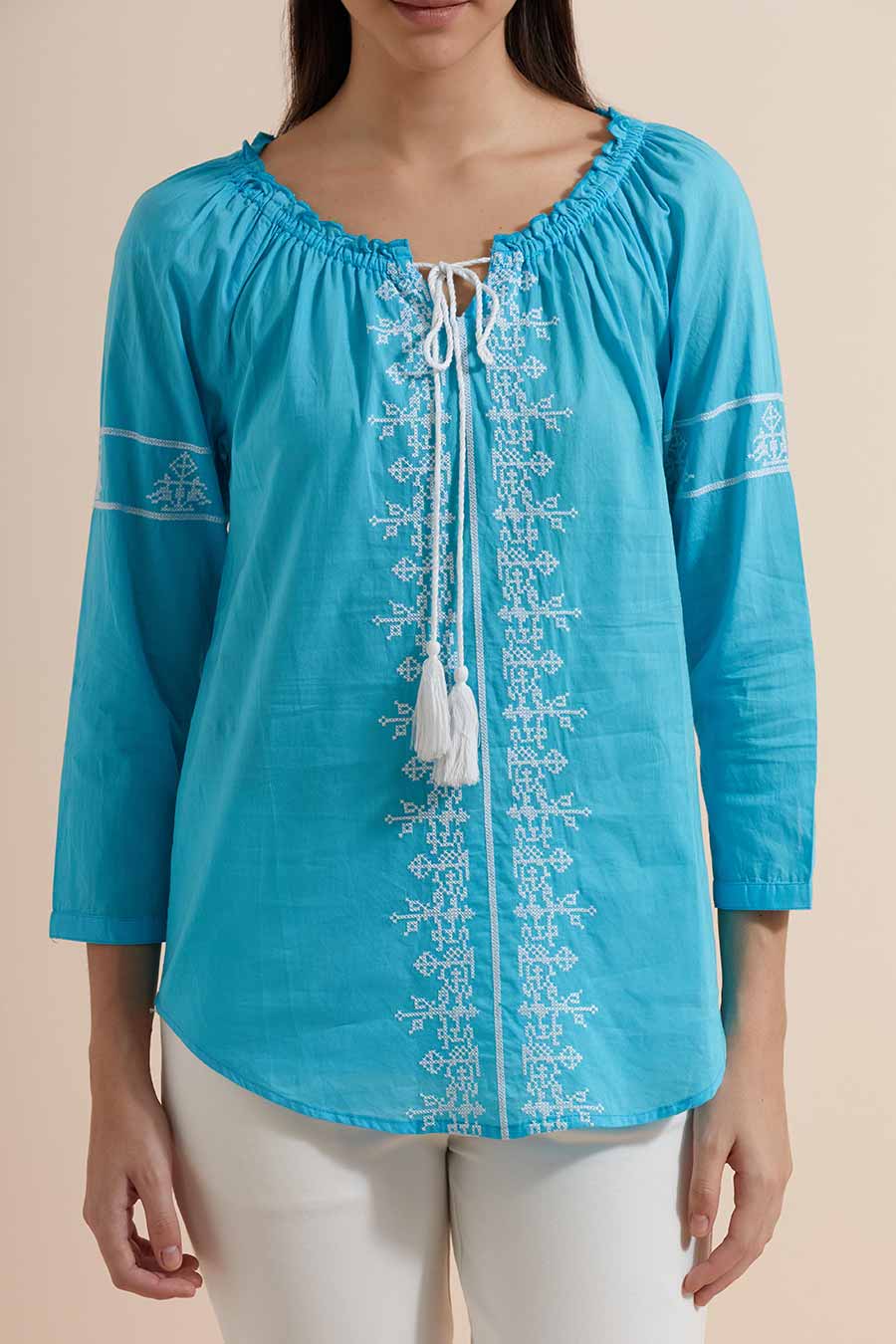 Turquoise Cotton Embroidered Top