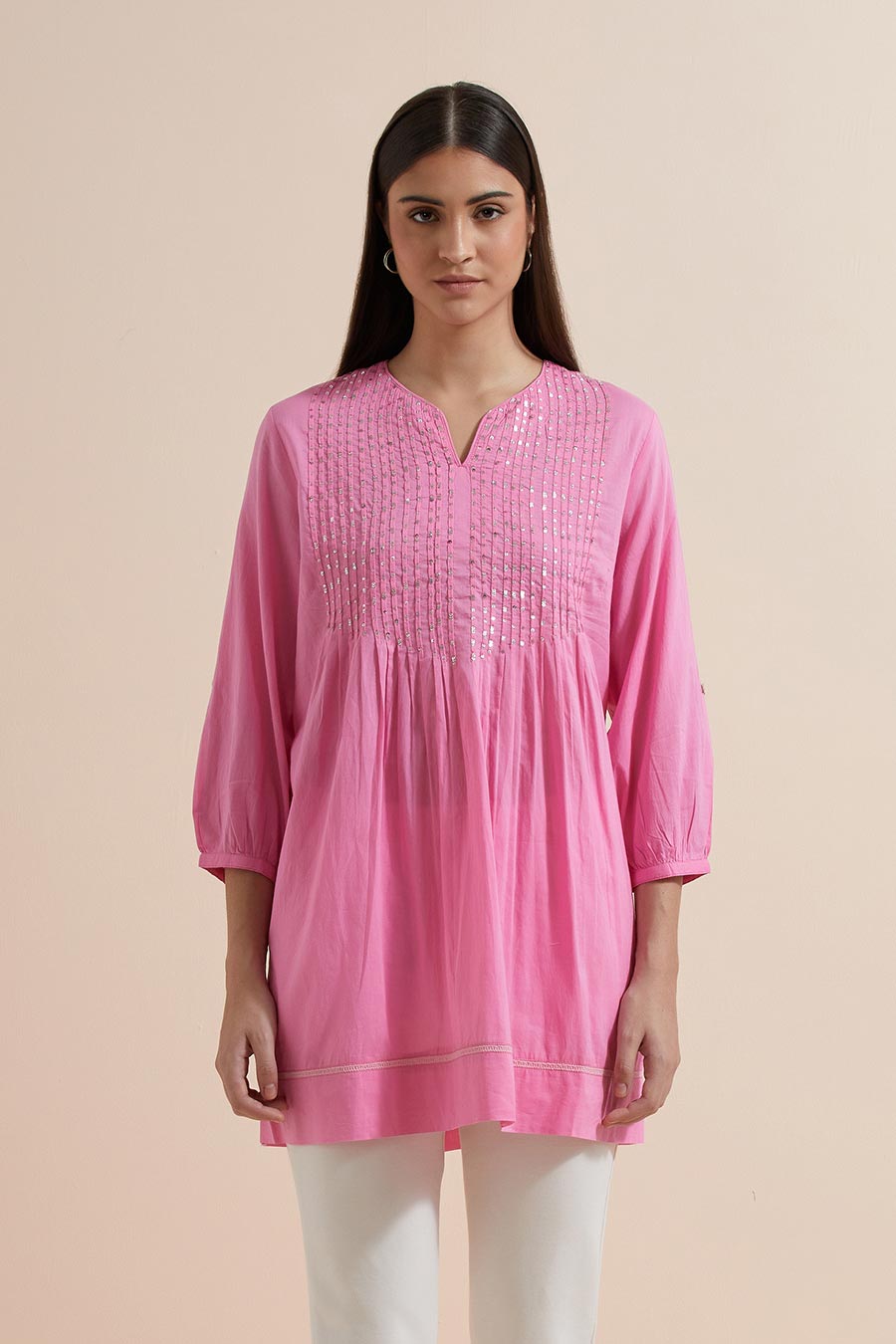 Fuchsia Cotton Sequin Embroidered Top