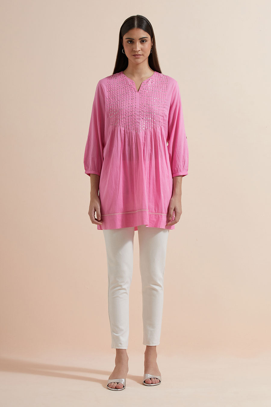 Fuchsia Cotton Sequin Embroidered Top