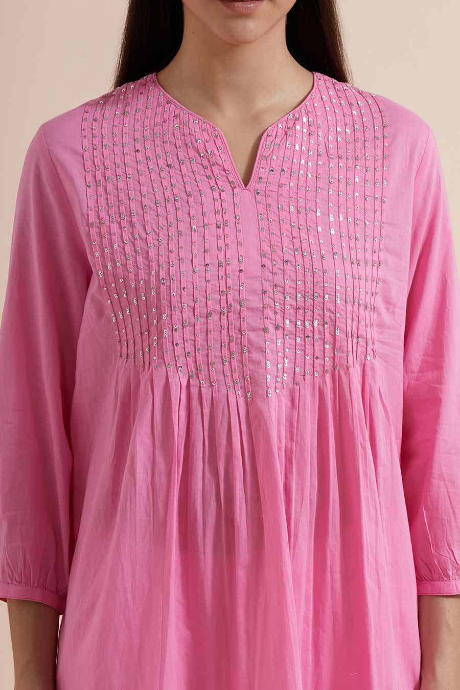 Fuchsia Cotton Sequin Embroidered Top