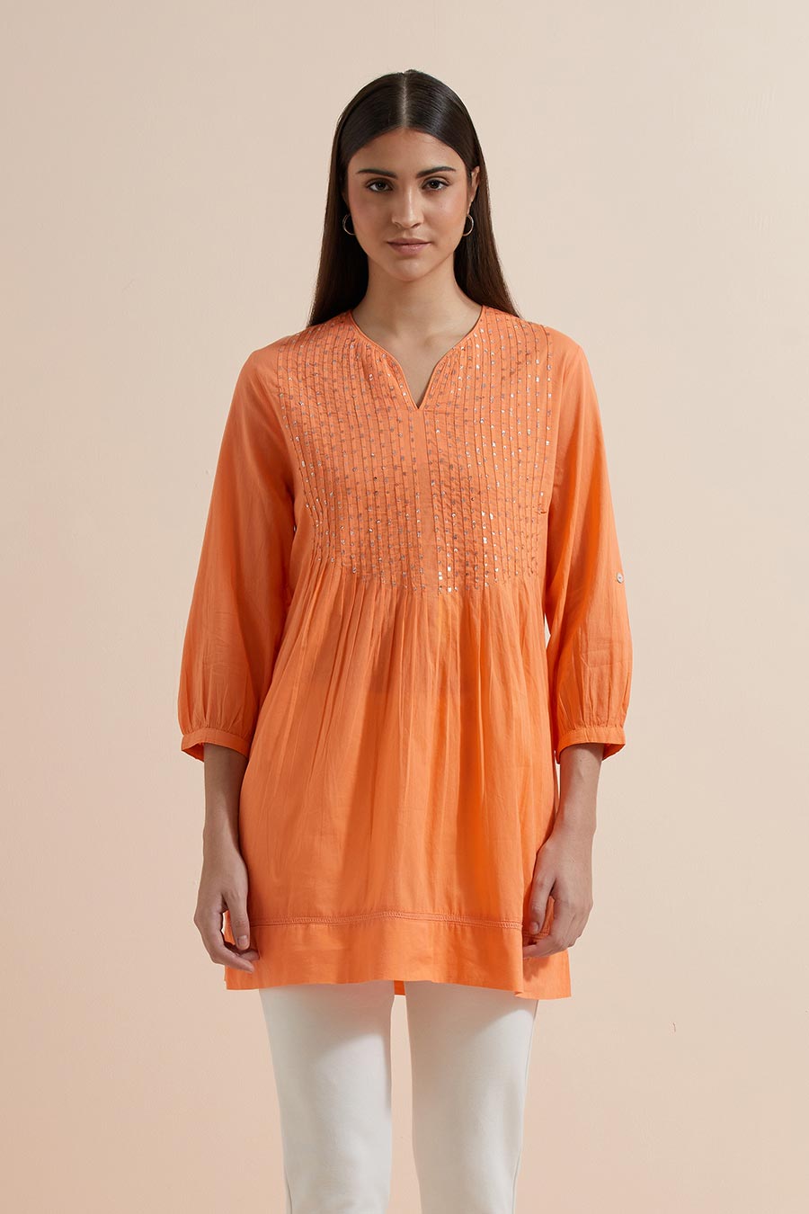 Orange Cotton Sequin Embroidered Top