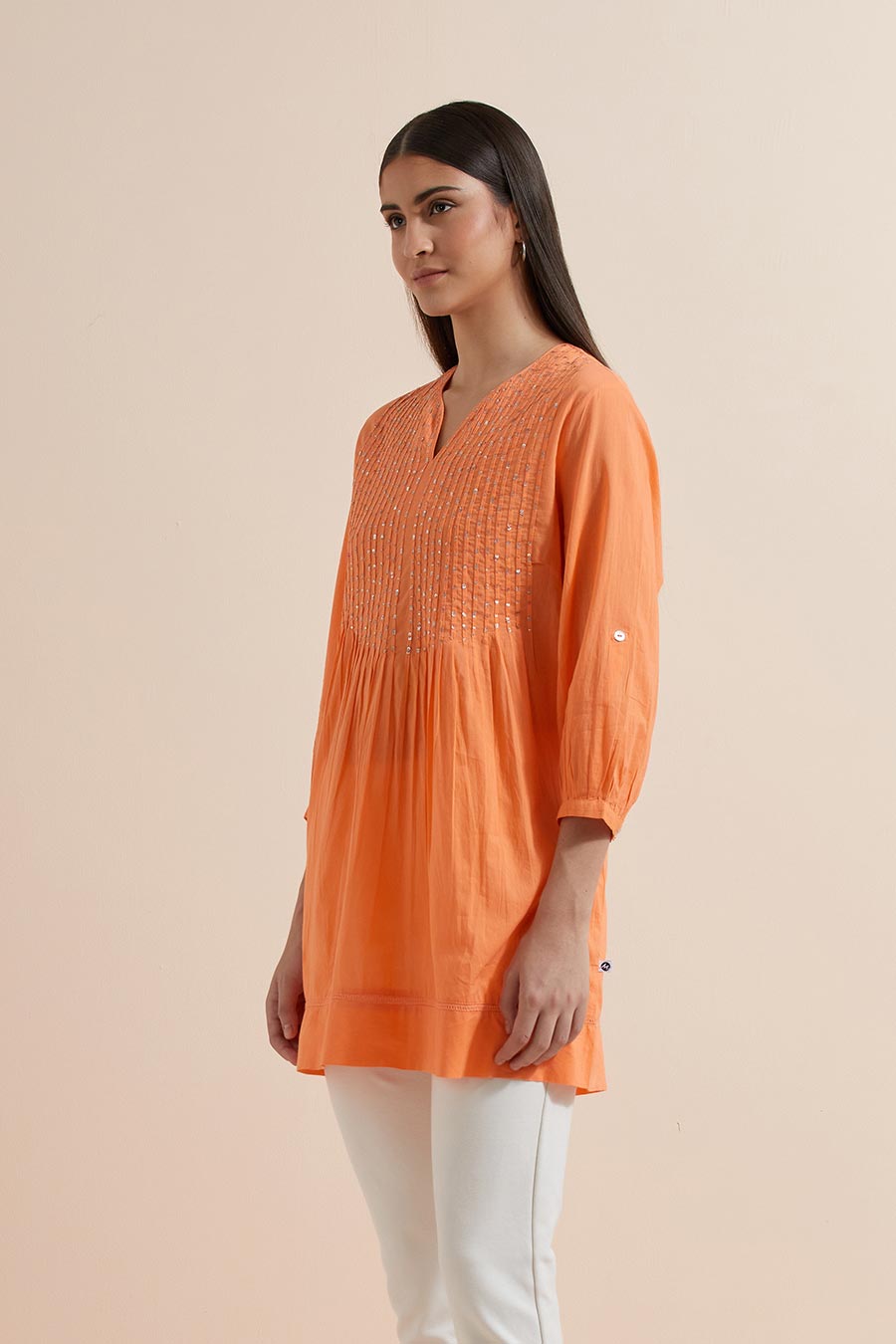 Orange Cotton Sequin Embroidered Top