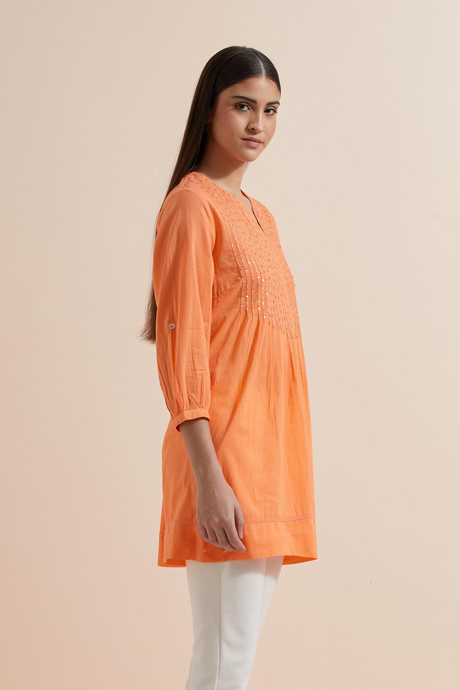 Orange Cotton Sequin Embroidered Top