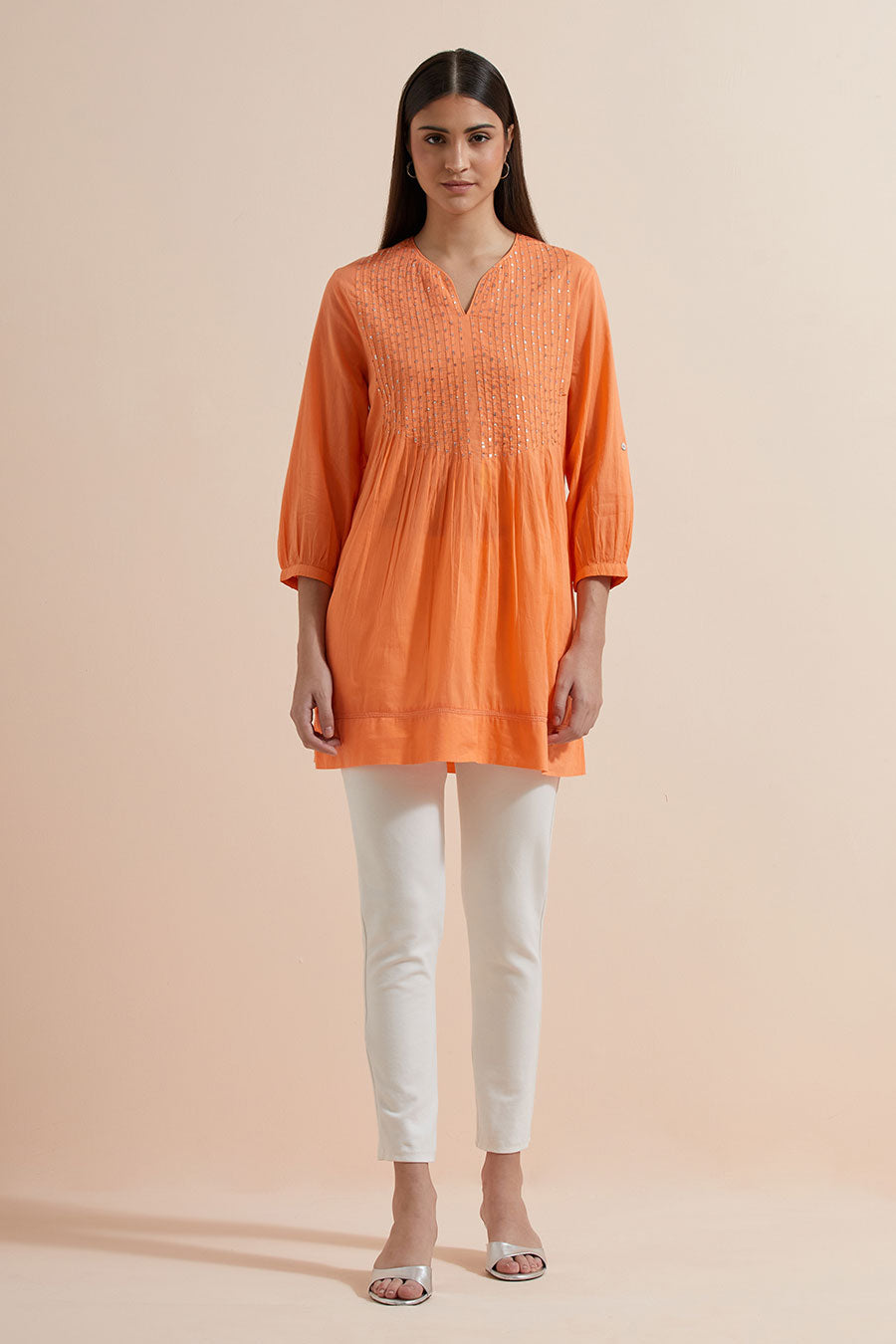 Orange Cotton Sequin Embroidered Top