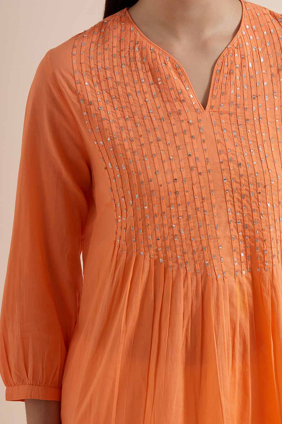 Orange Cotton Sequin Embroidered Top