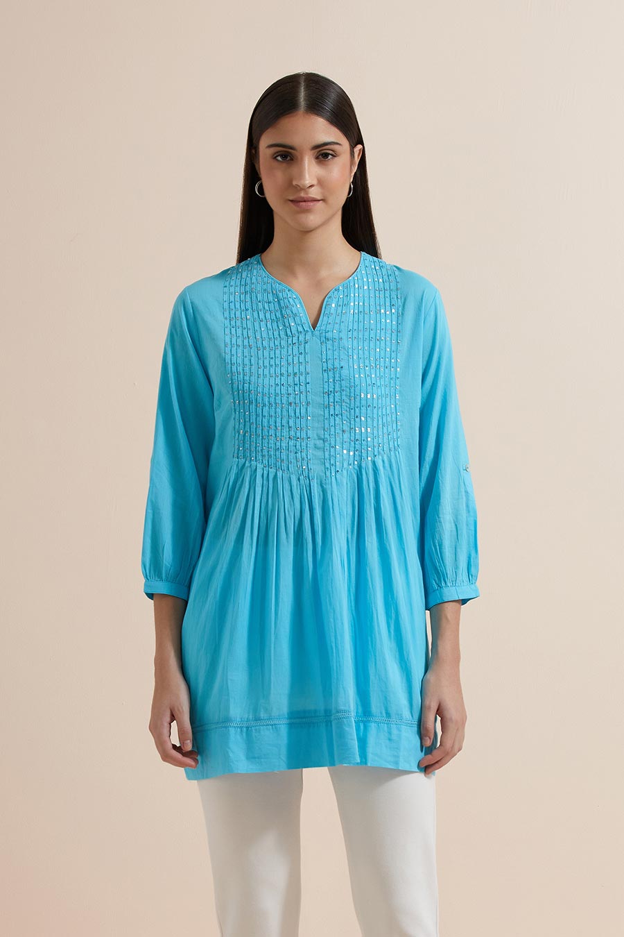 Turquoise Cotton Sequin Embroidered Top