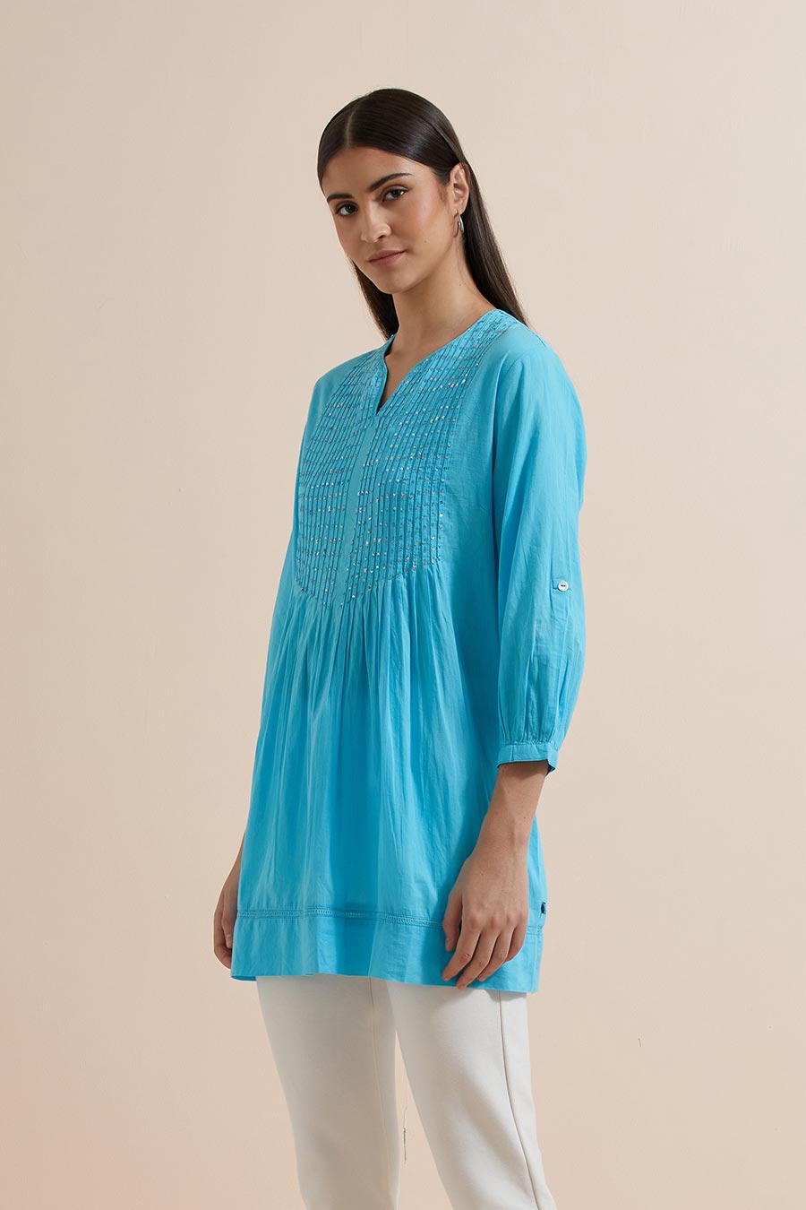 Turquoise Cotton Sequin Embroidered Top