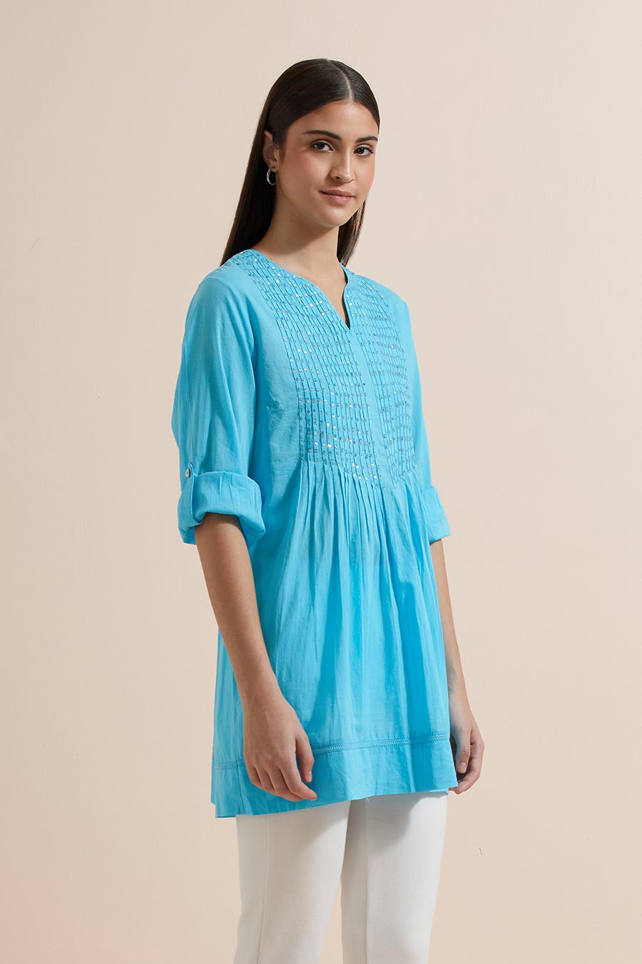 Turquoise Cotton Sequin Embroidered Top