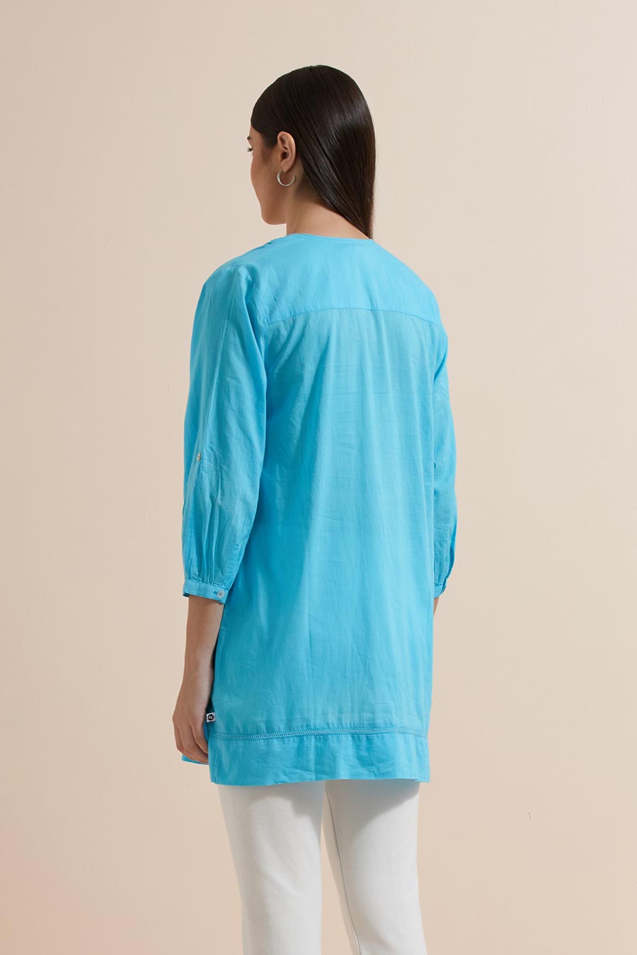 Turquoise Cotton Sequin Embroidered Top