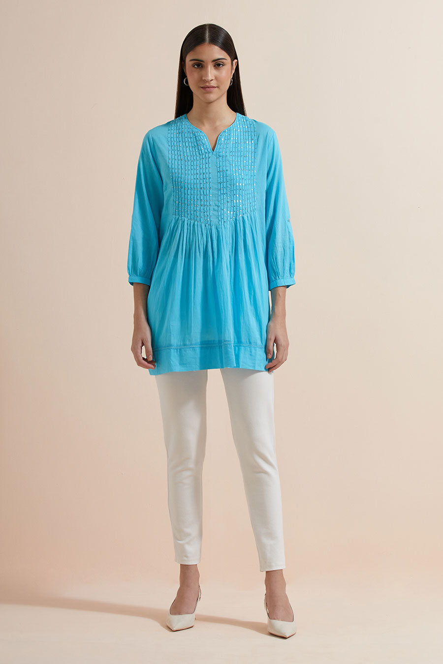 Turquoise Cotton Sequin Embroidered Top