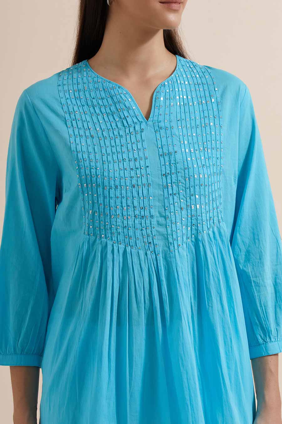 Turquoise Cotton Sequin Embroidered Top