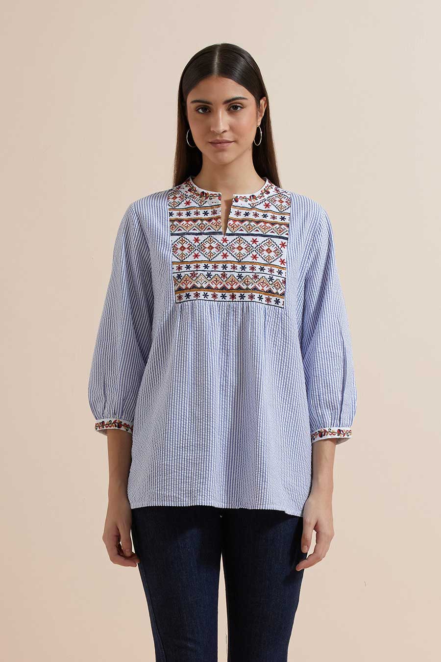 Blue Stripe Cotton Embroidered Top