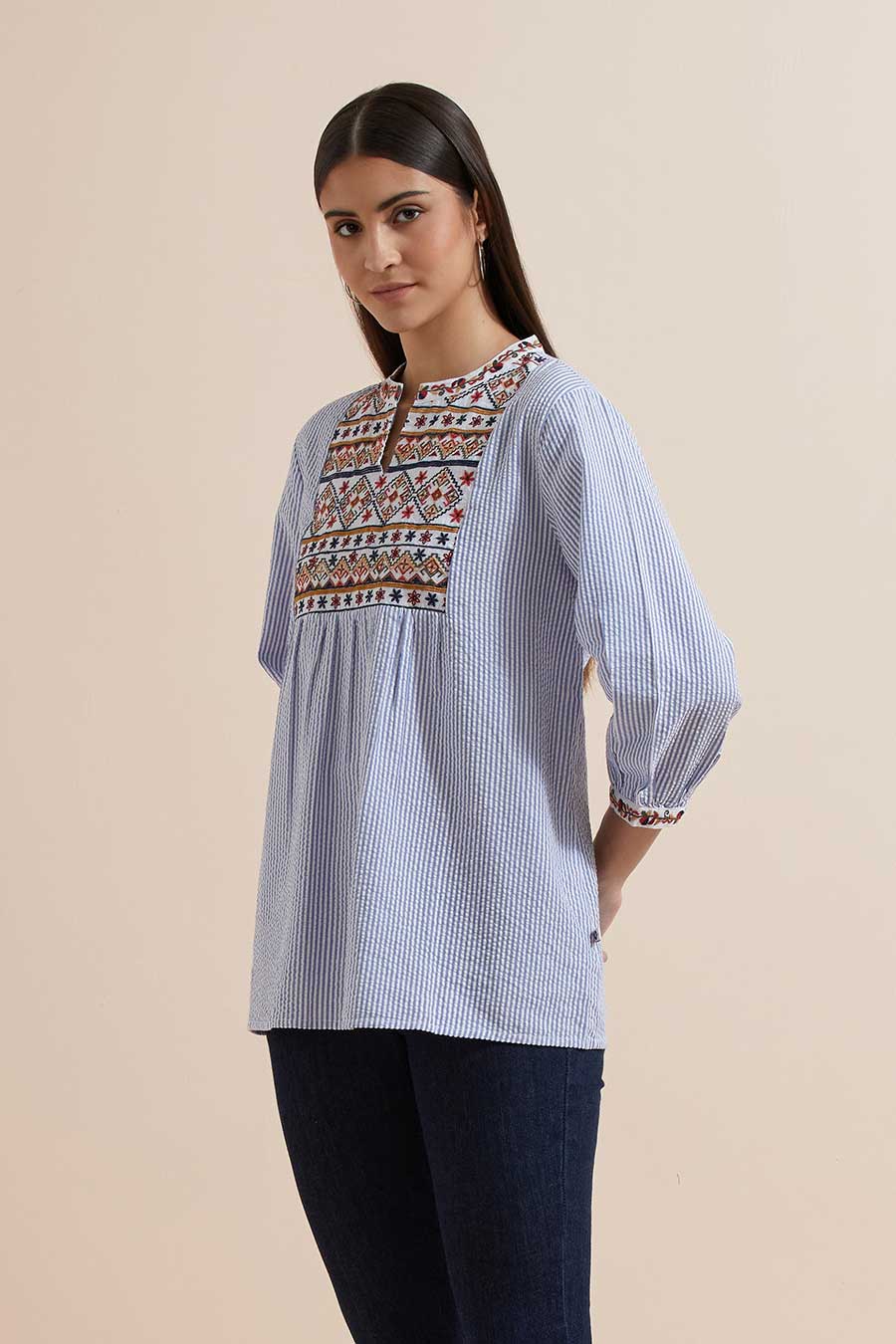 Blue Stripe Cotton Embroidered Top