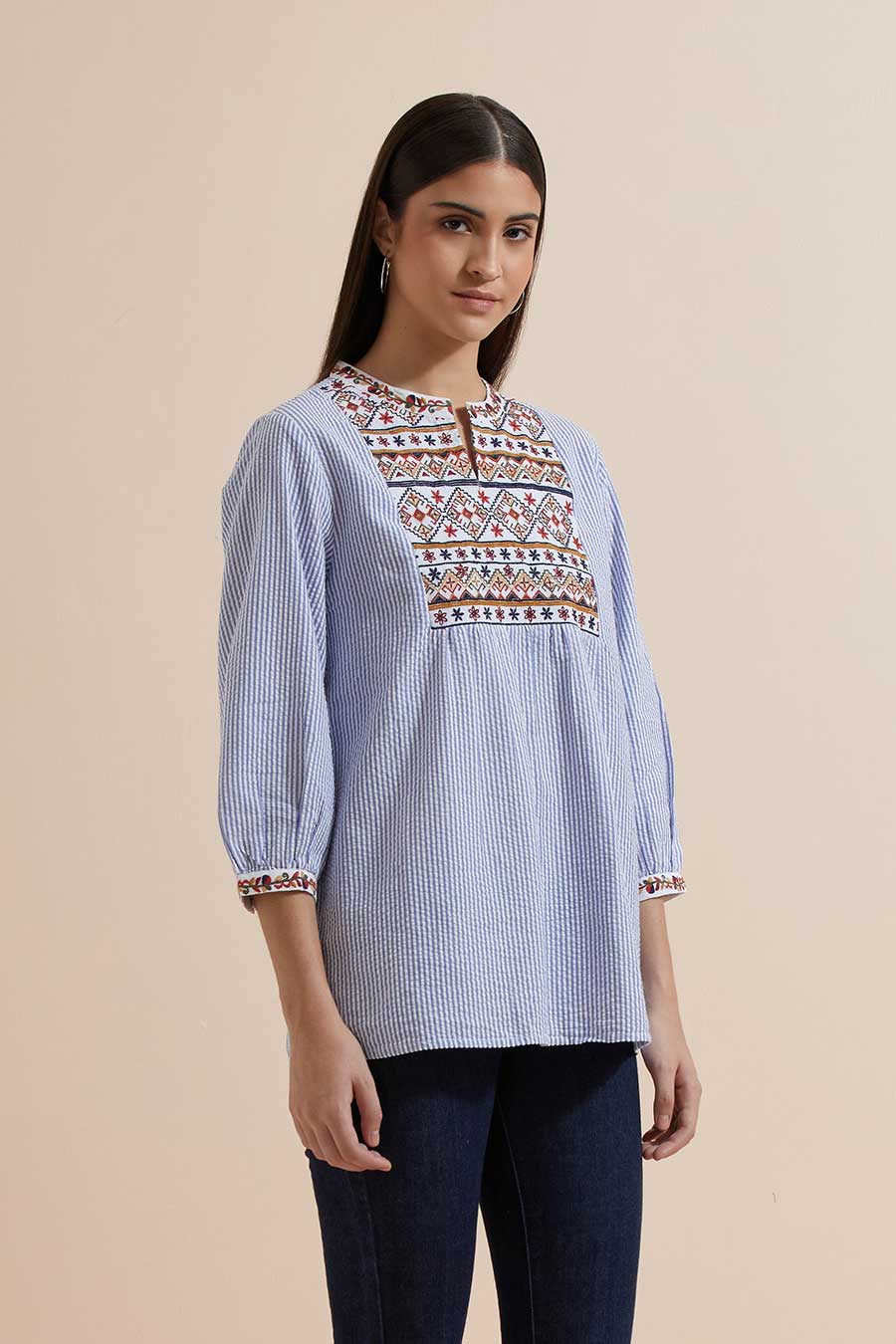 Blue Stripe Cotton Embroidered Top