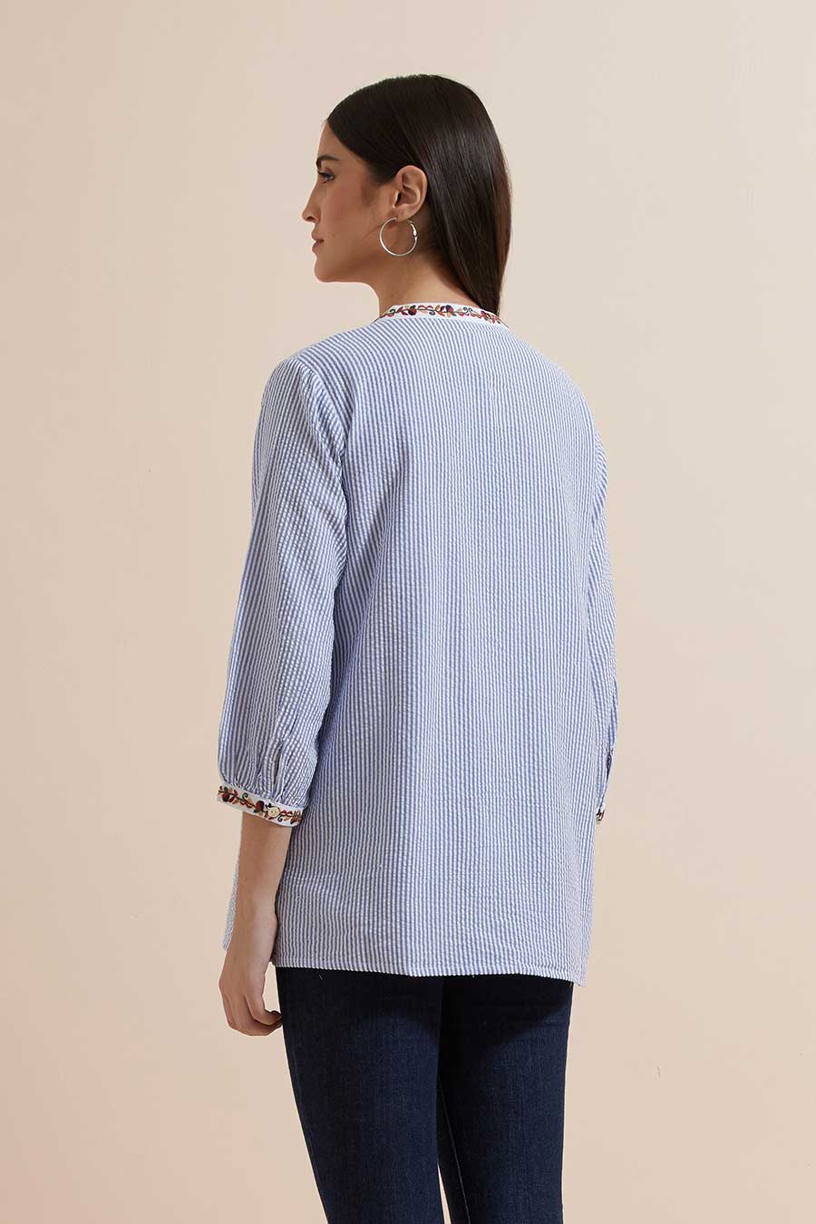 Blue Stripe Cotton Embroidered Top