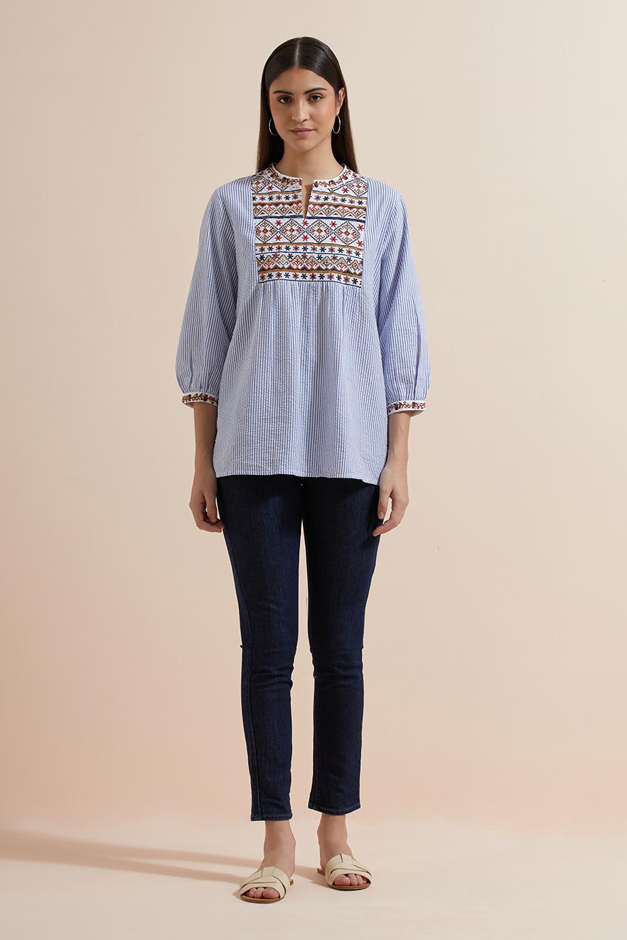 Blue Stripe Cotton Embroidered Top