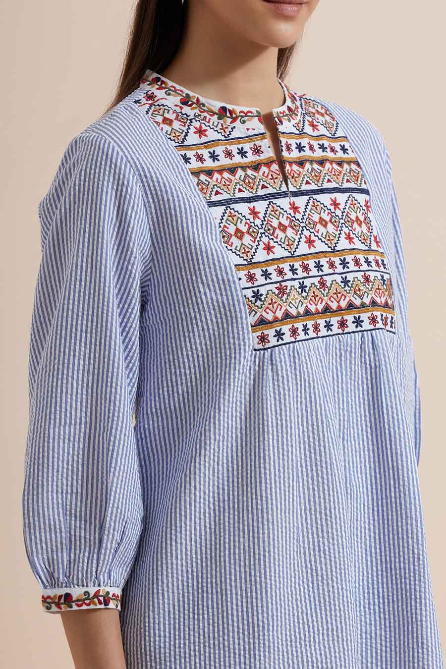 Blue Stripe Cotton Embroidered Top
