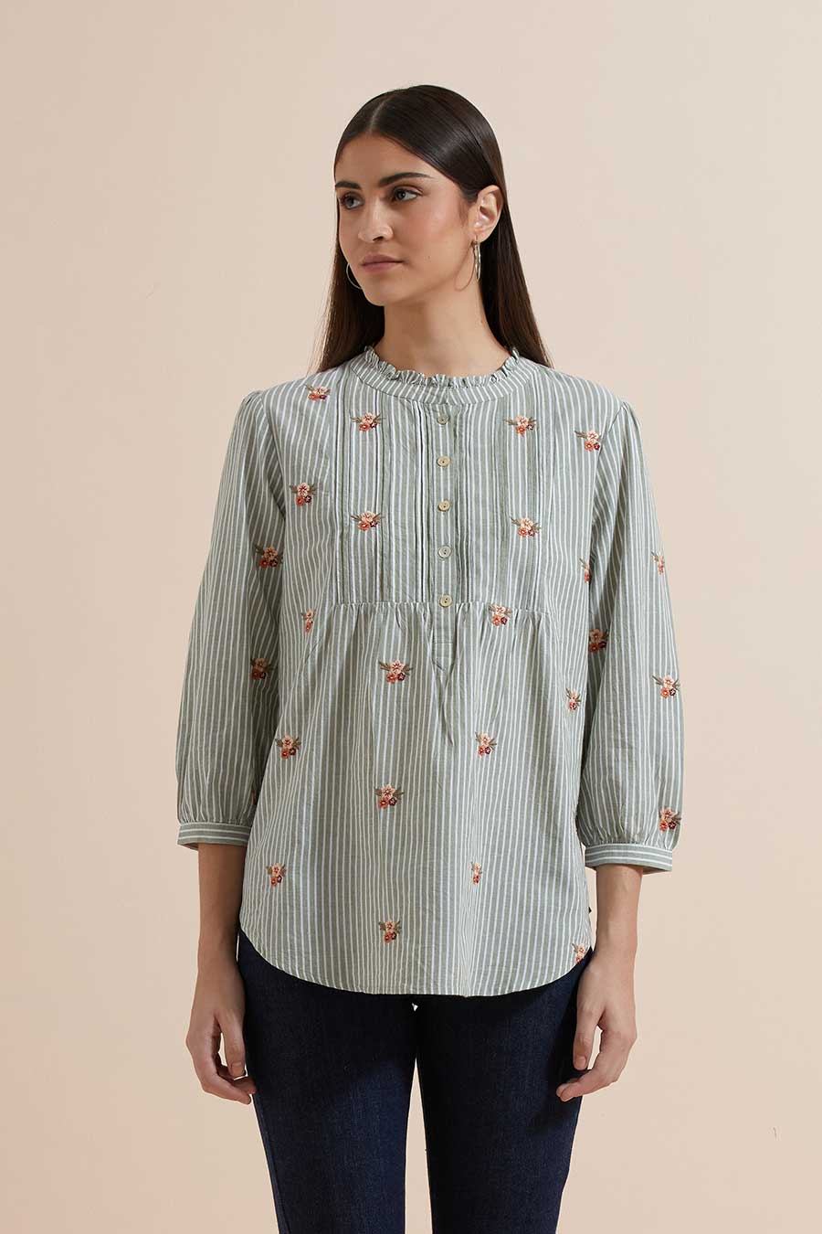 Green Stripe Cotton Embroidered Top