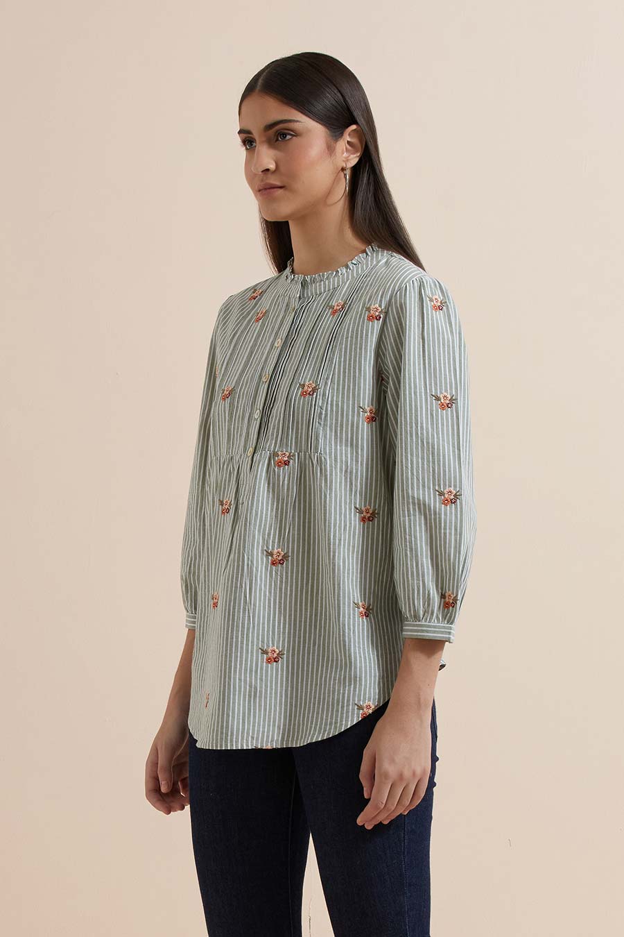 Green Stripe Cotton Embroidered Top