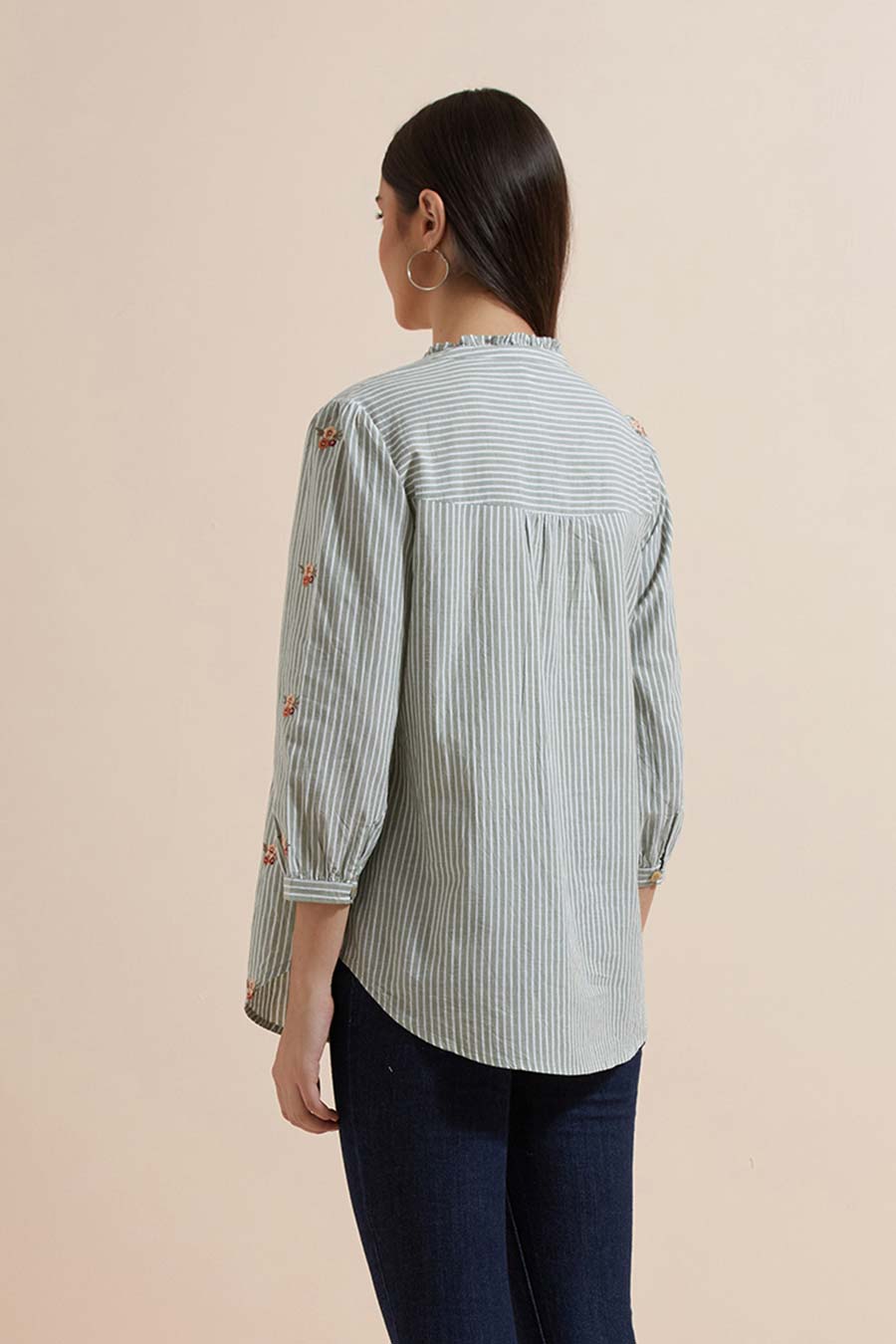 Green Stripe Cotton Embroidered Top