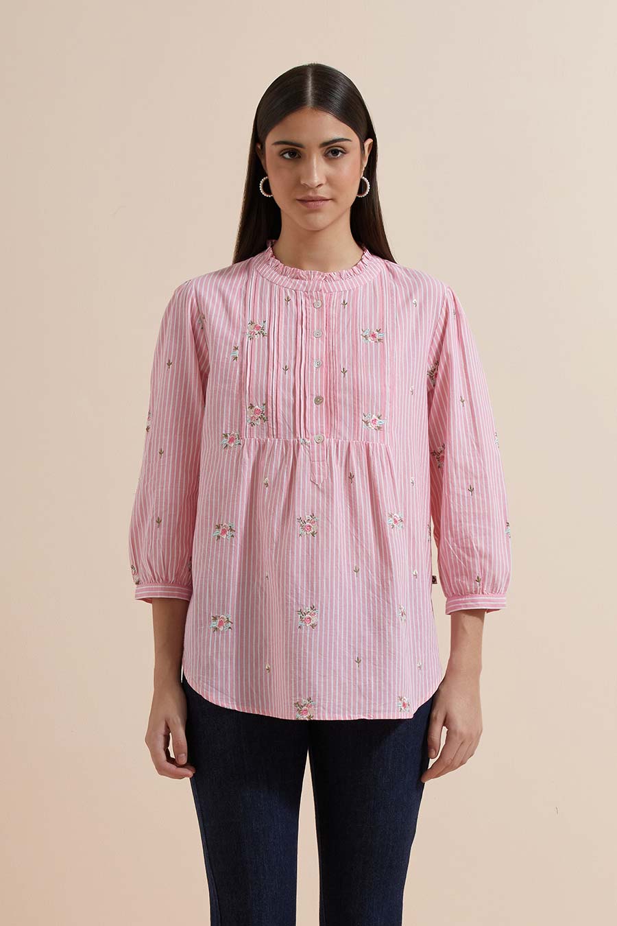 Pink Stripe Cotton Embroidered Top