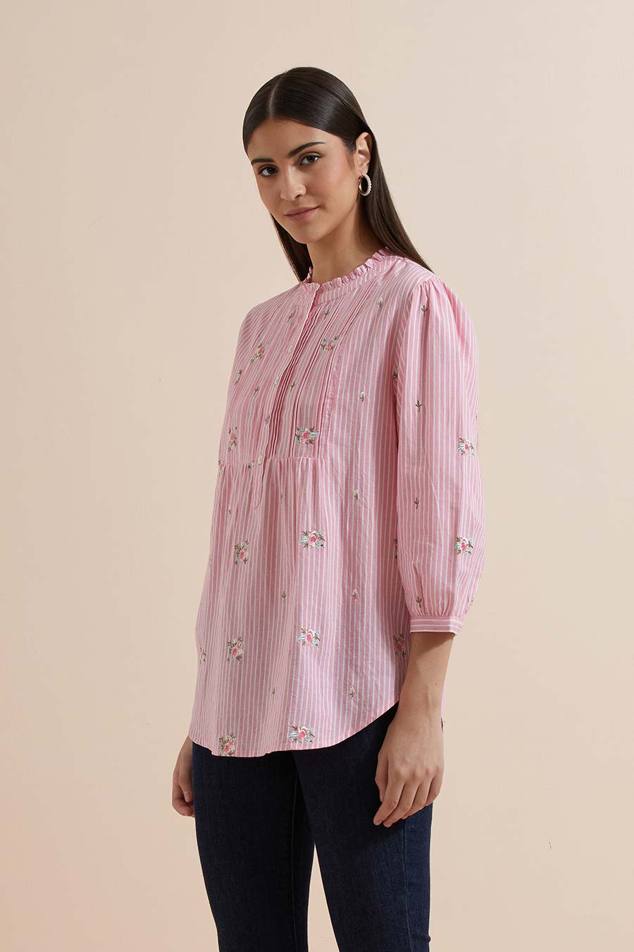 Pink Stripe Cotton Embroidered Top