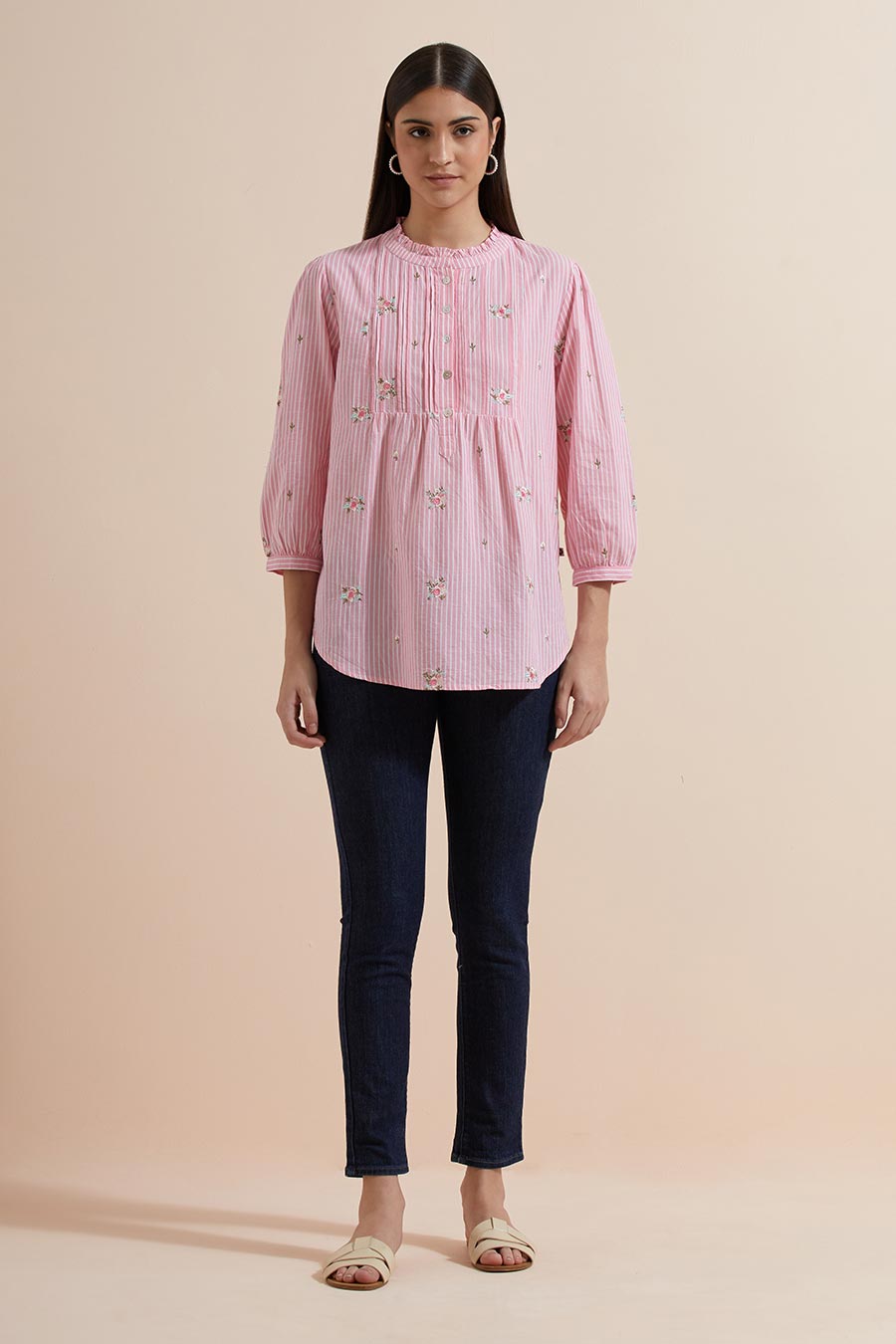 Pink Stripe Cotton Embroidered Top