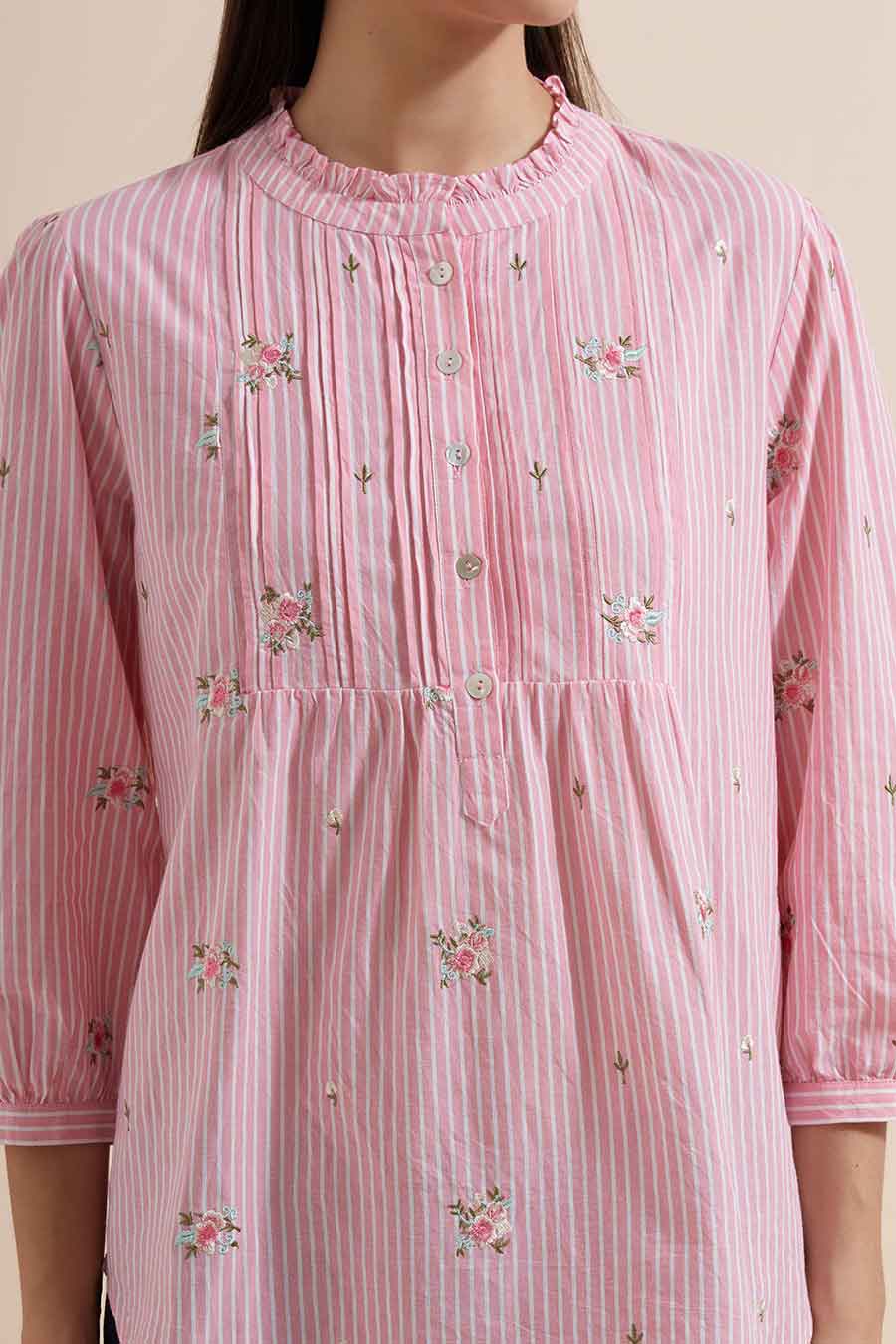 Pink Stripe Cotton Embroidered Top