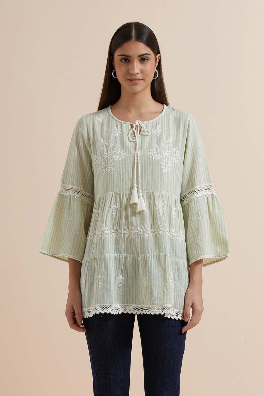 Green Stripe Cotton Embroidered Top