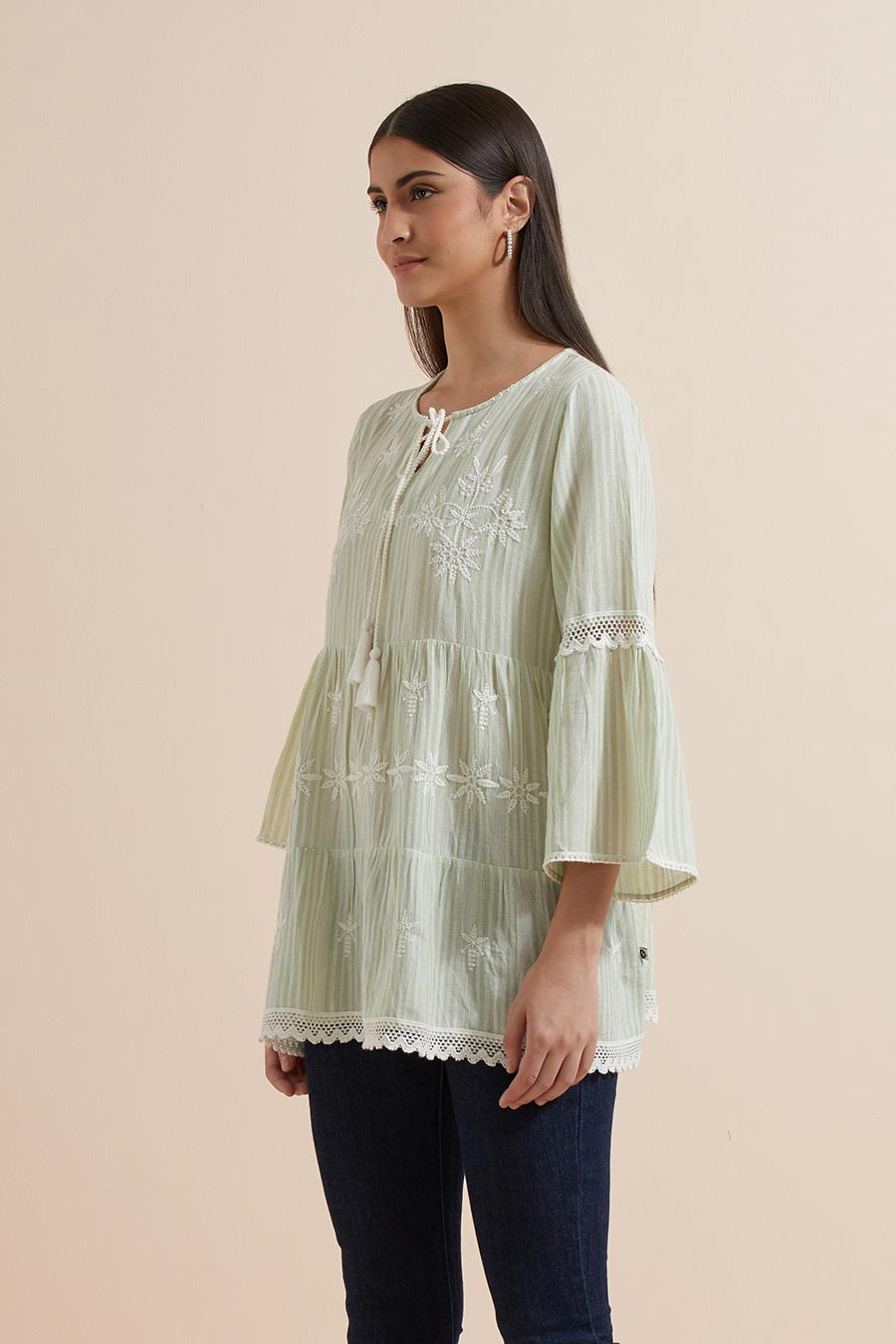 Green Stripe Cotton Embroidered Top