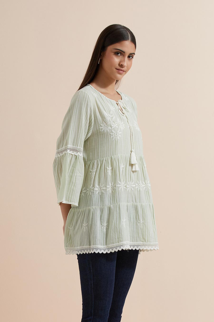 Green Stripe Cotton Embroidered Top