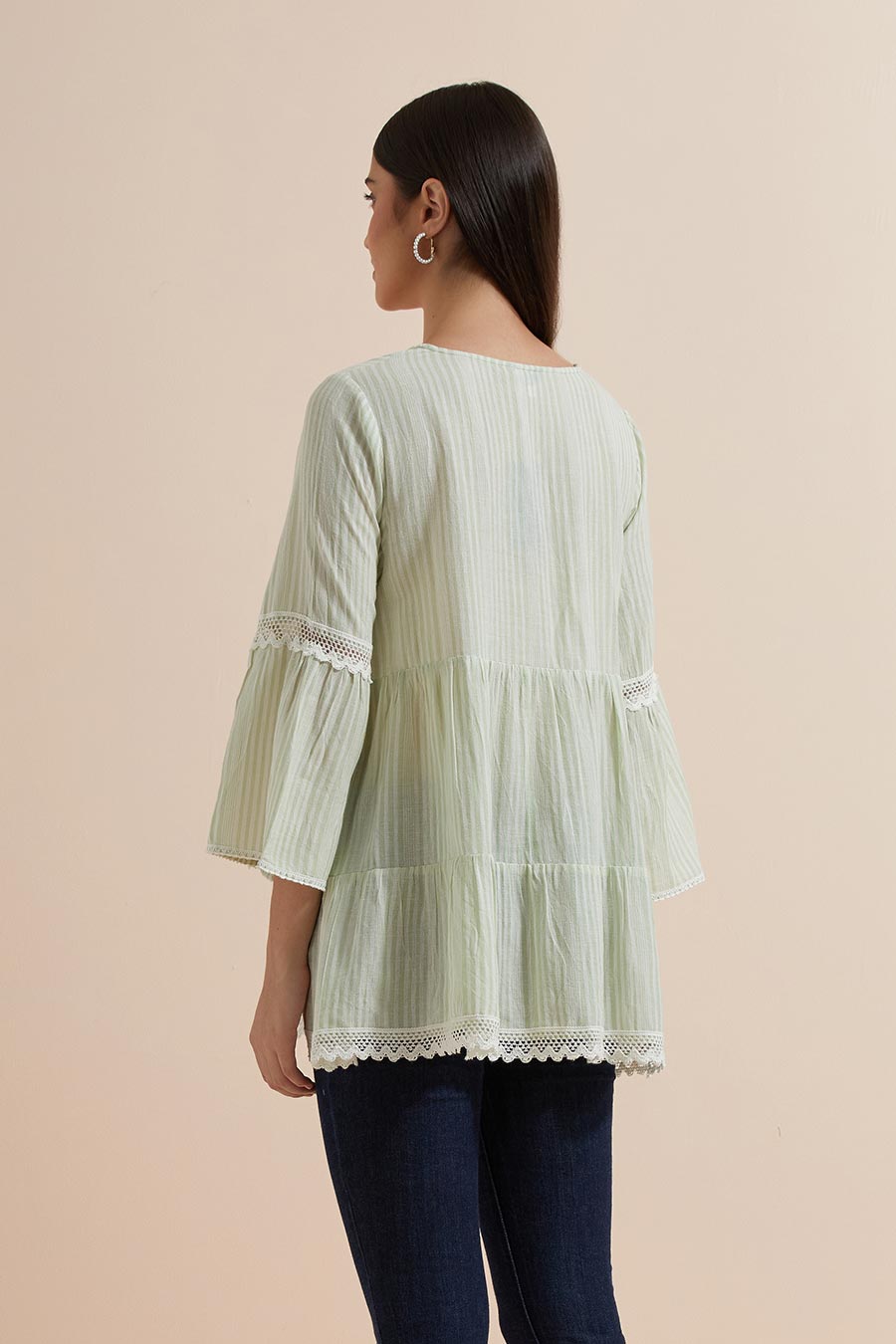 Green Stripe Cotton Embroidered Top