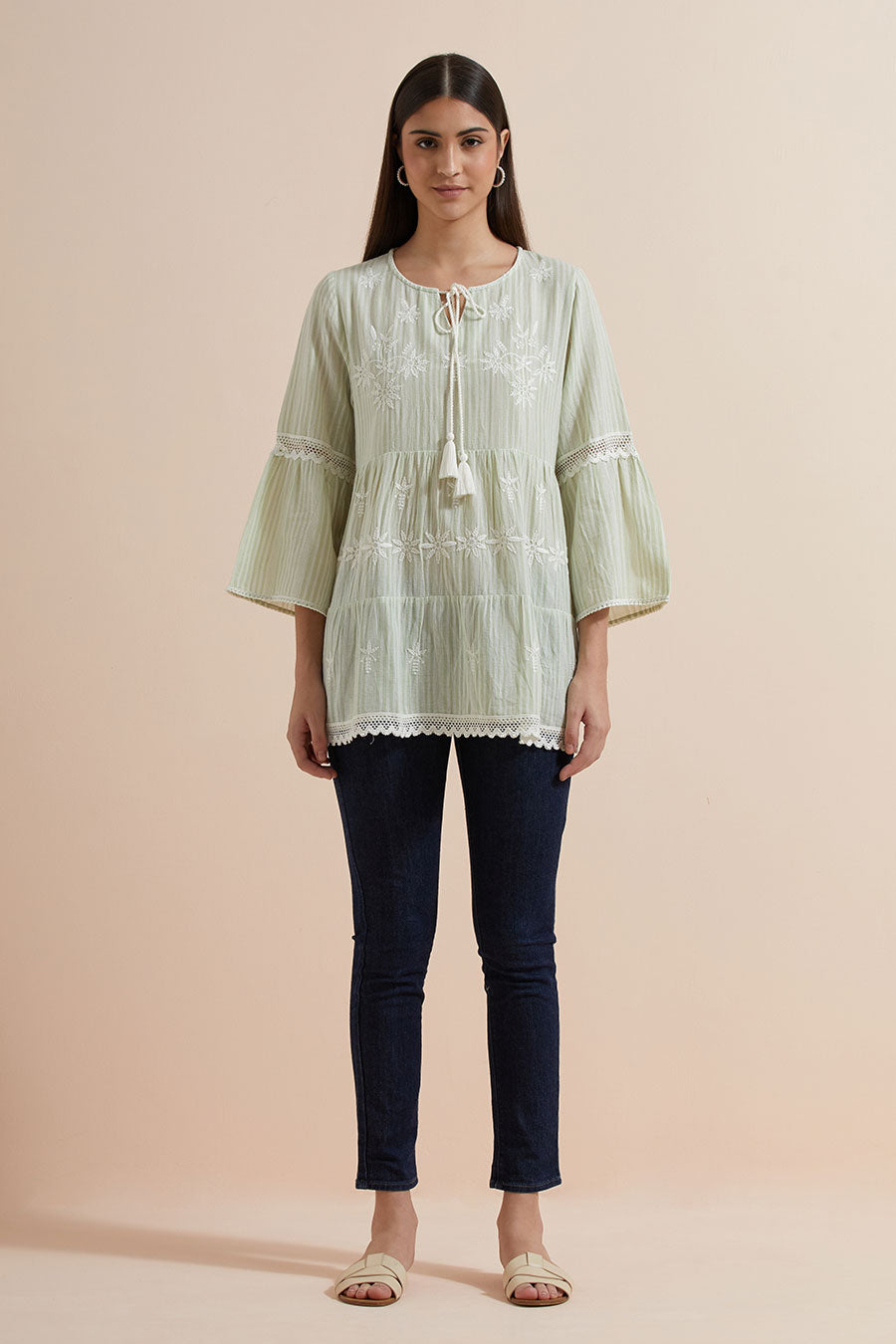 Green Stripe Cotton Embroidered Top