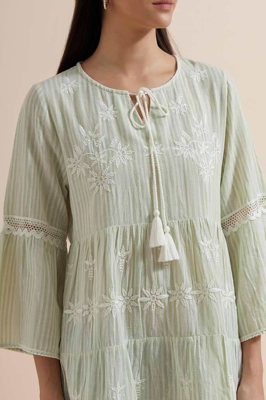 Green Stripe Cotton Embroidered Top